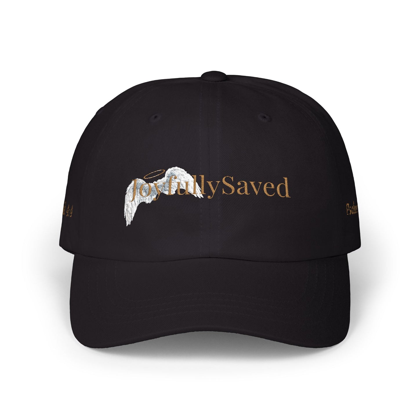 Joyfully Saved "dad" Cap, Logo with verses — Embroidered Hat, Gold text