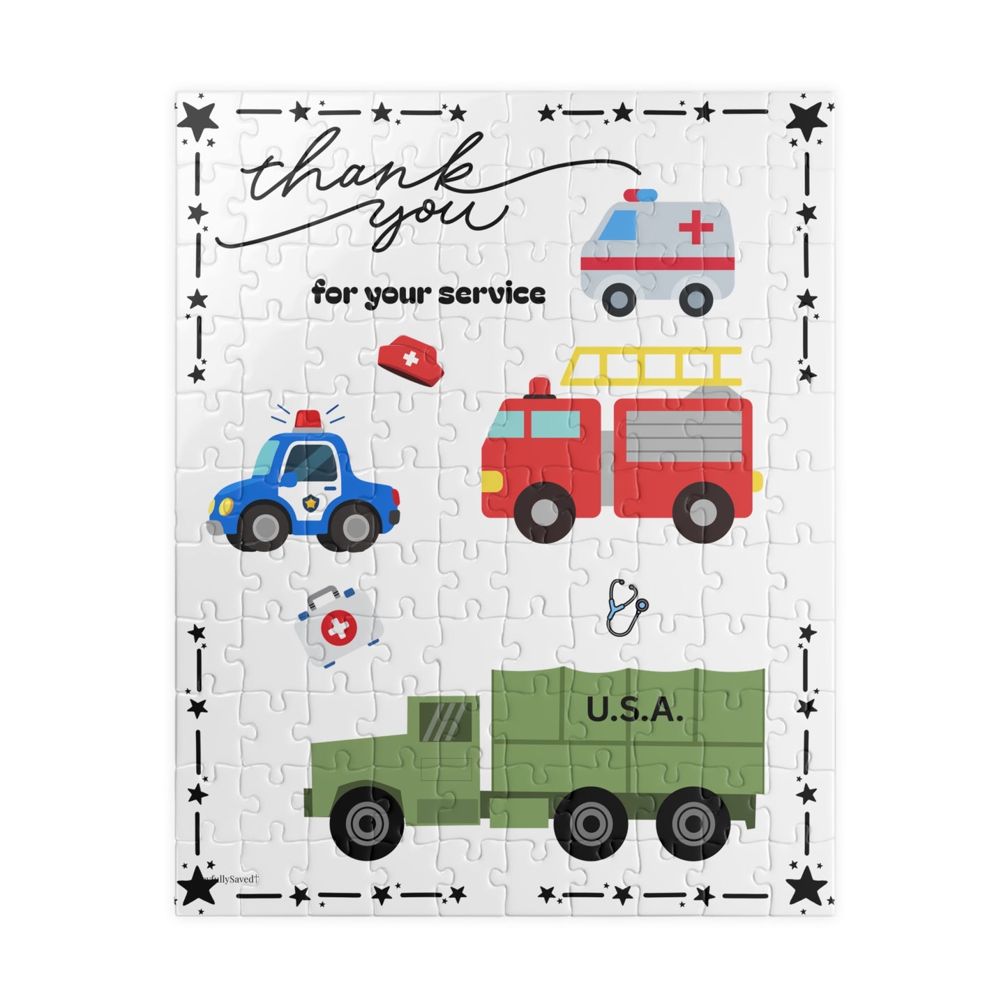 Patriotic Kids Thank You for Your Service Puzzle — Firetruck, Ambulance & Army Vehicles (110–1014 pcs)