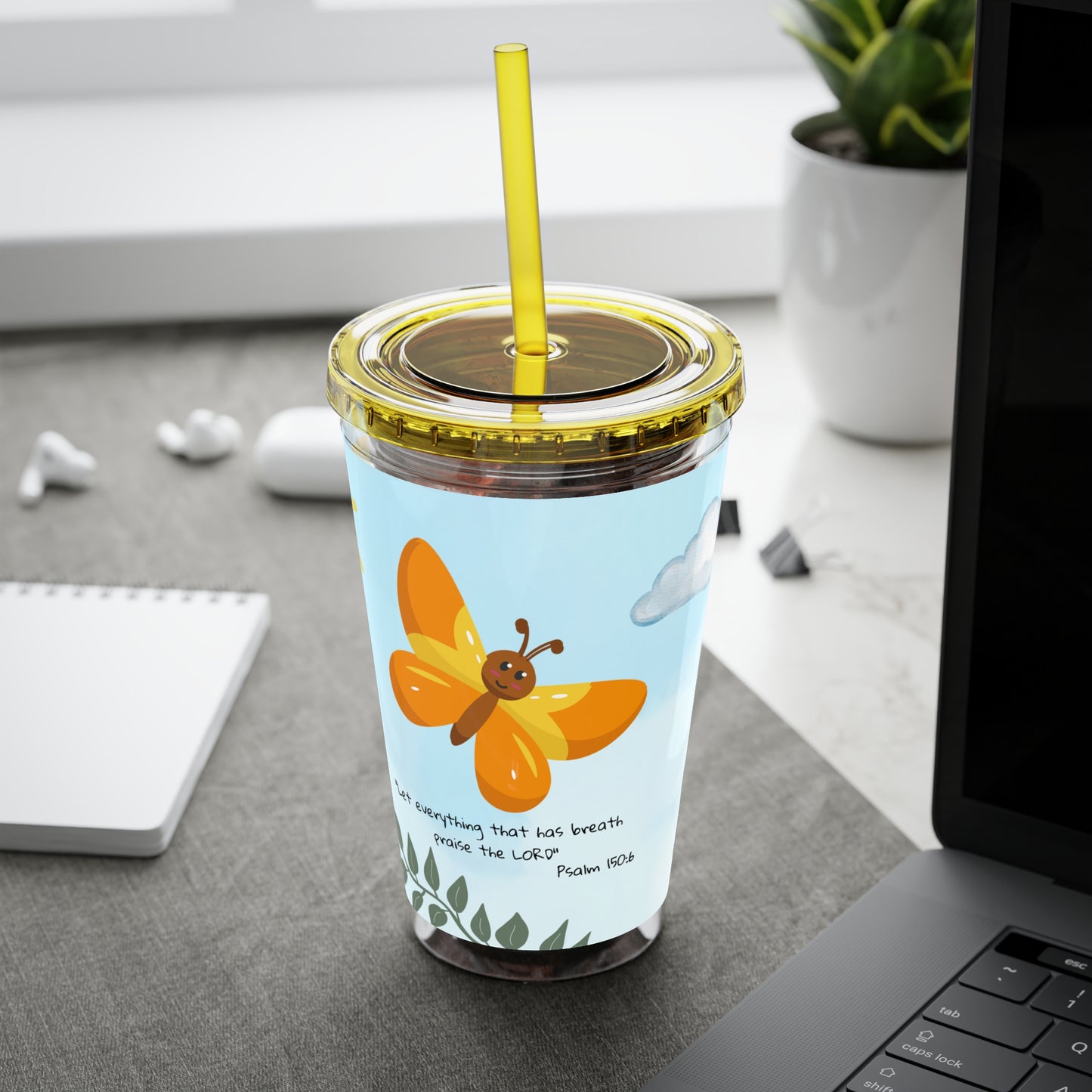 Butterfly & Sun 16oz Tumbler with Straw — 'Let everything that has breath' Psalm 150:6