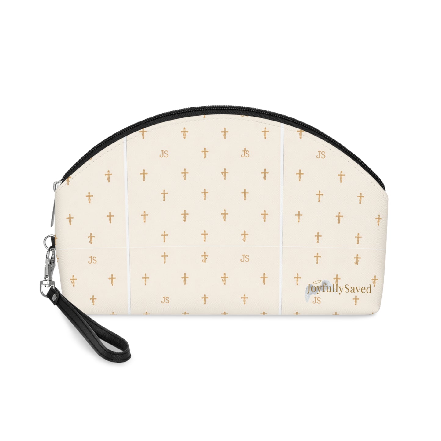 Gold Cross Pattern Makeup Bag — "Joyfully Saved" Cream Cosmetic Pouch - gold logo
