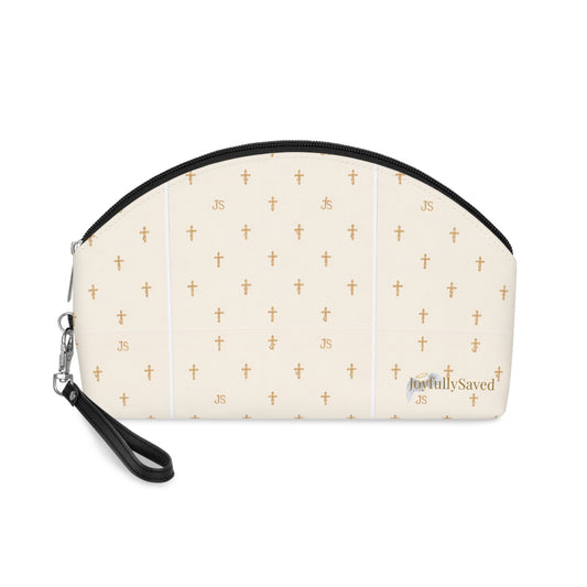 Gold Cross Pattern Makeup Bag — "Joyfully Saved" Cream Cosmetic Pouch - gold logo