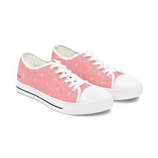 Joyfully Saved Cross Pattern Women's Low Top Sneakers — Pink, 'Wear Your Faith'