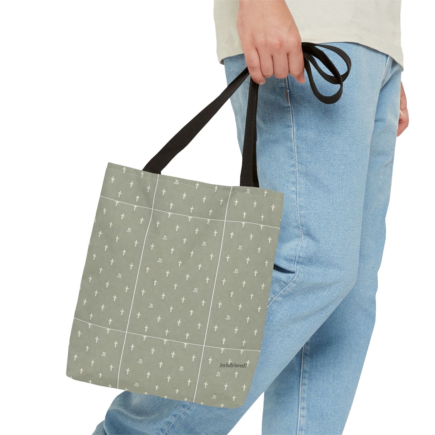 Cross Pattern Tote Bag — Sage Green AOP Canvas Tote, Christian