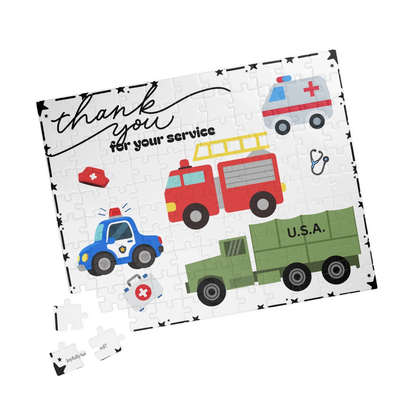 Patriotic Kids Thank You for Your Service Puzzle — Firetruck, Ambulance & Army Vehicles (110–1014 pcs)