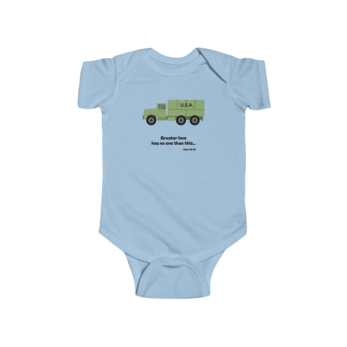 Christian Infant Bodysuit -Military Truck Baby Onesie (John 15:13)