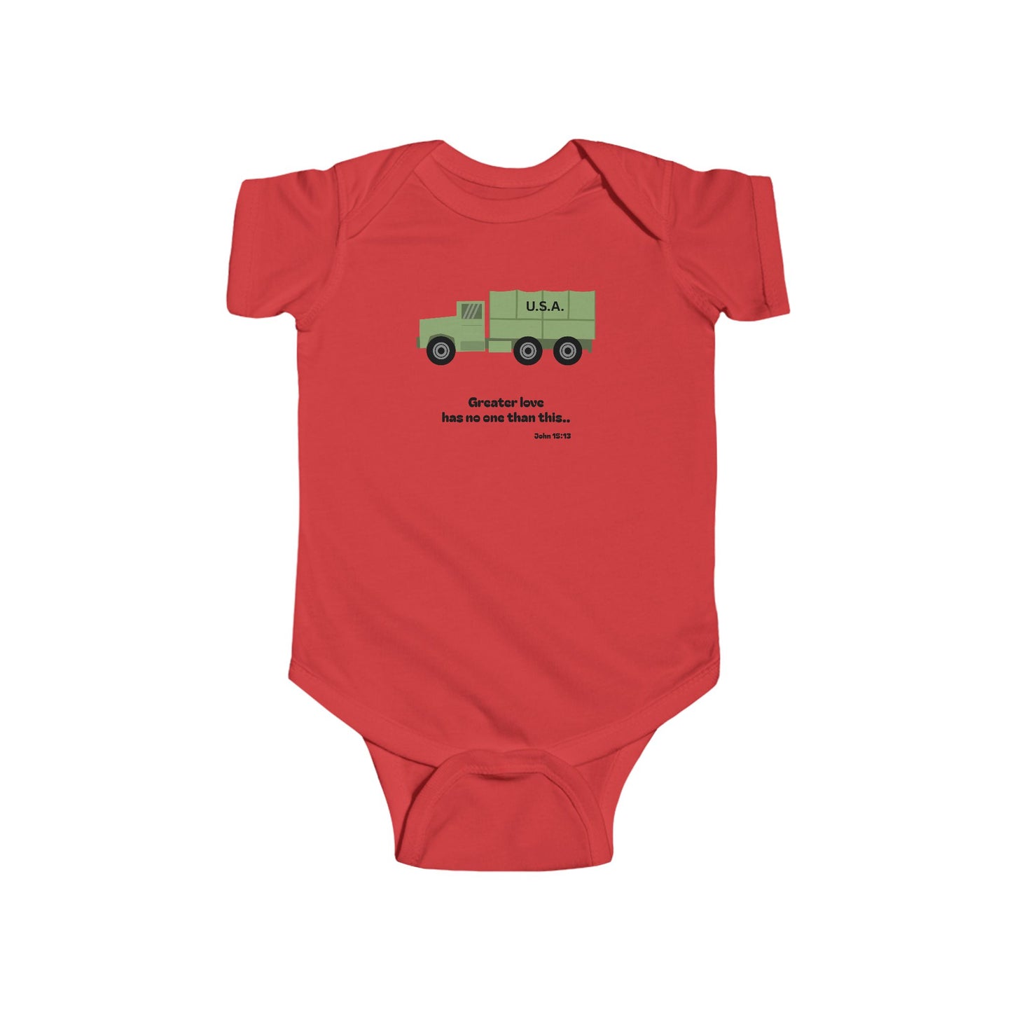 Christian Infant Bodysuit -Military Truck Baby Onesie (John 15:13)
