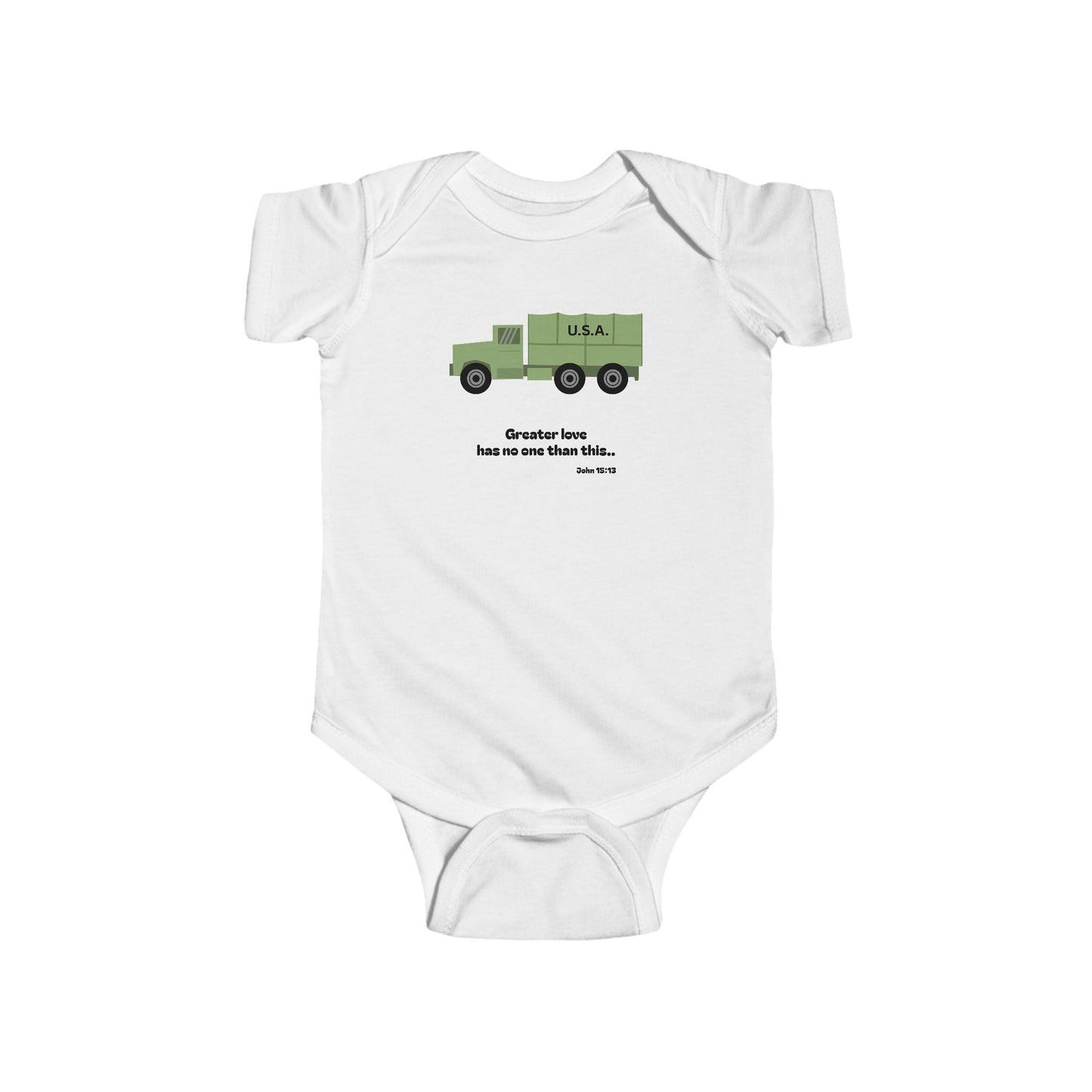 Christian Infant Bodysuit -Military Truck Baby Onesie (John 15:13)