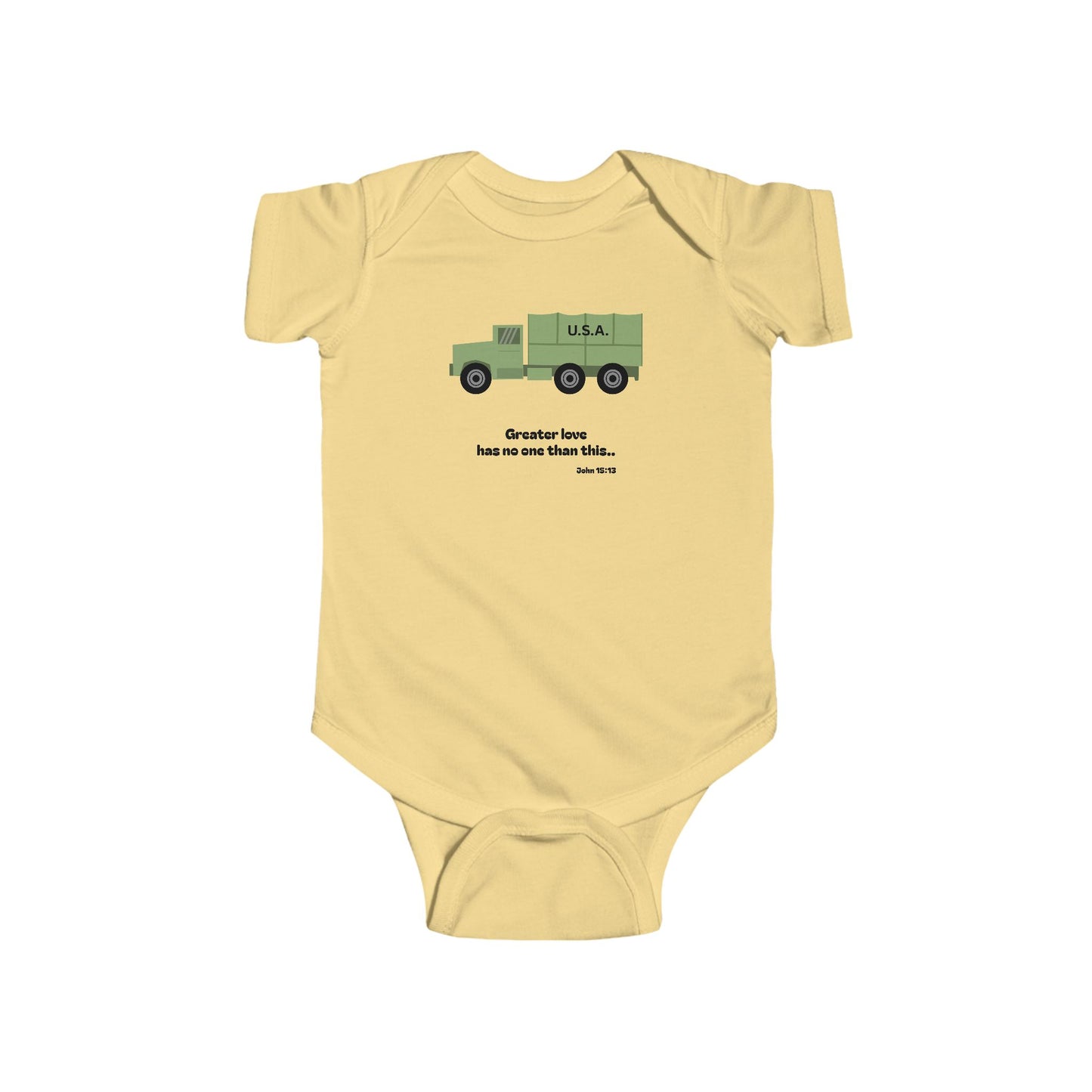 Christian Infant Bodysuit -Military Truck Baby Onesie (John 15:13)