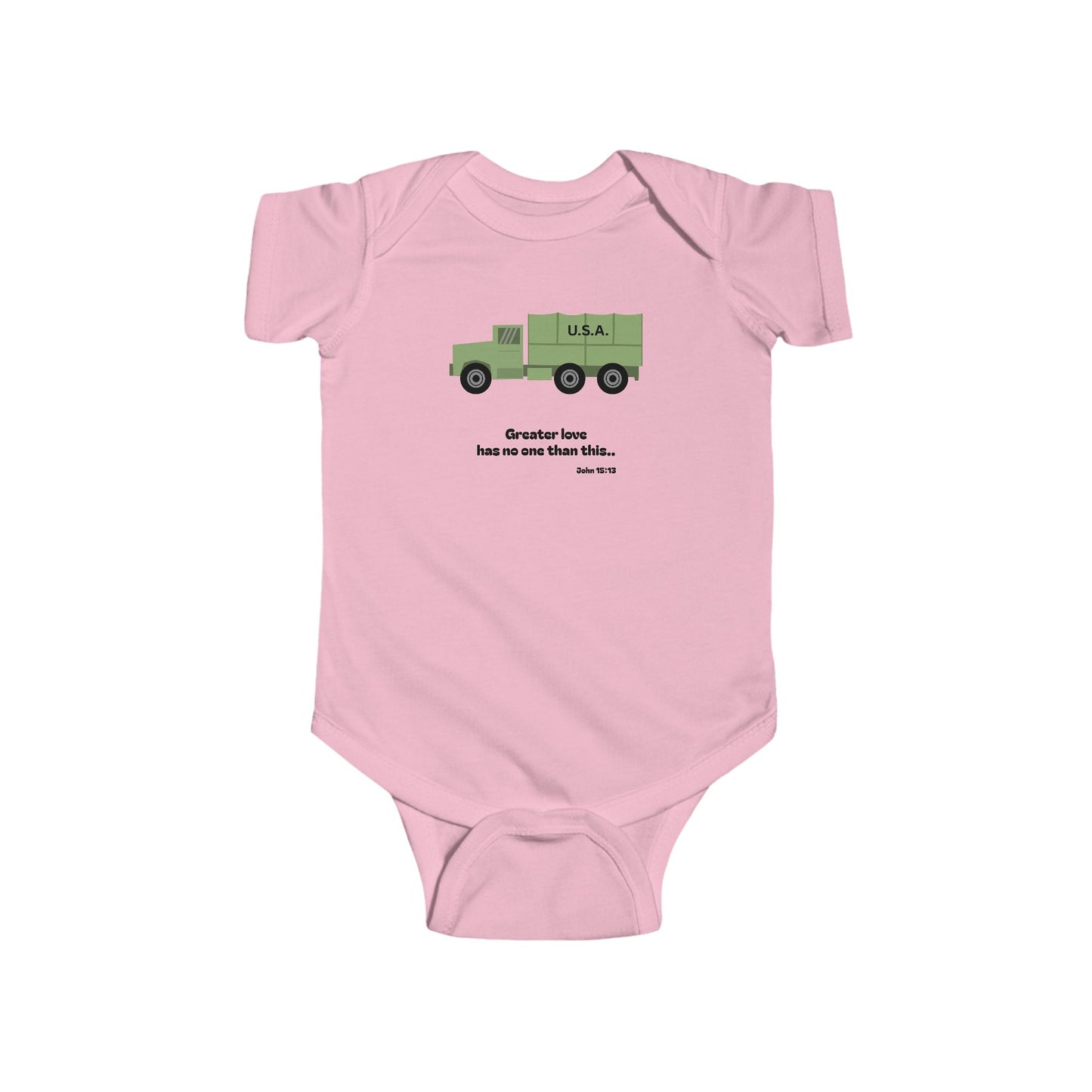 Christian Infant Bodysuit -Military Truck Baby Onesie (John 15:13)