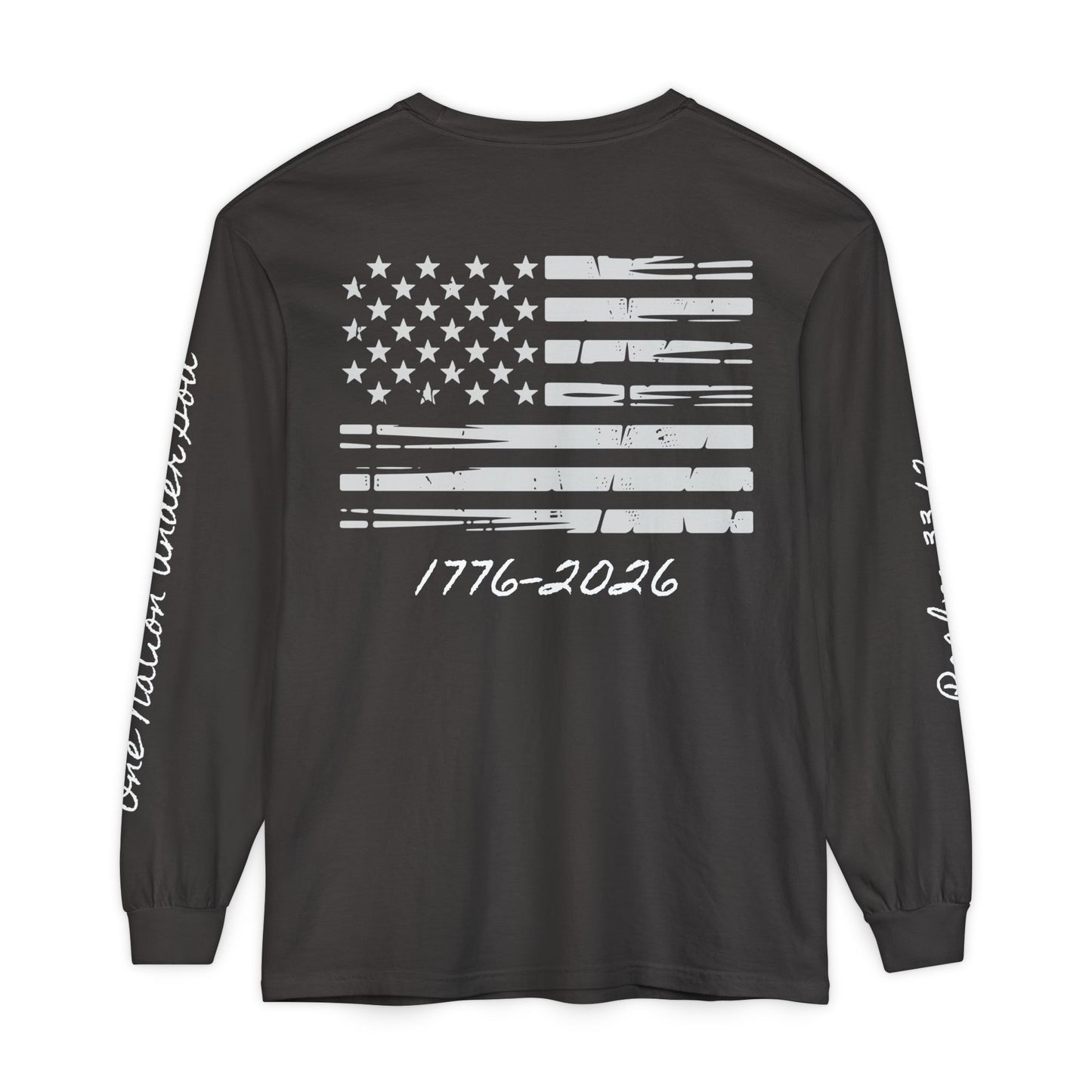 Christian Patriotic Long Sleeve Tee — "One Nation Under God" & Psalm 33:12 — USA 250 Anniversary