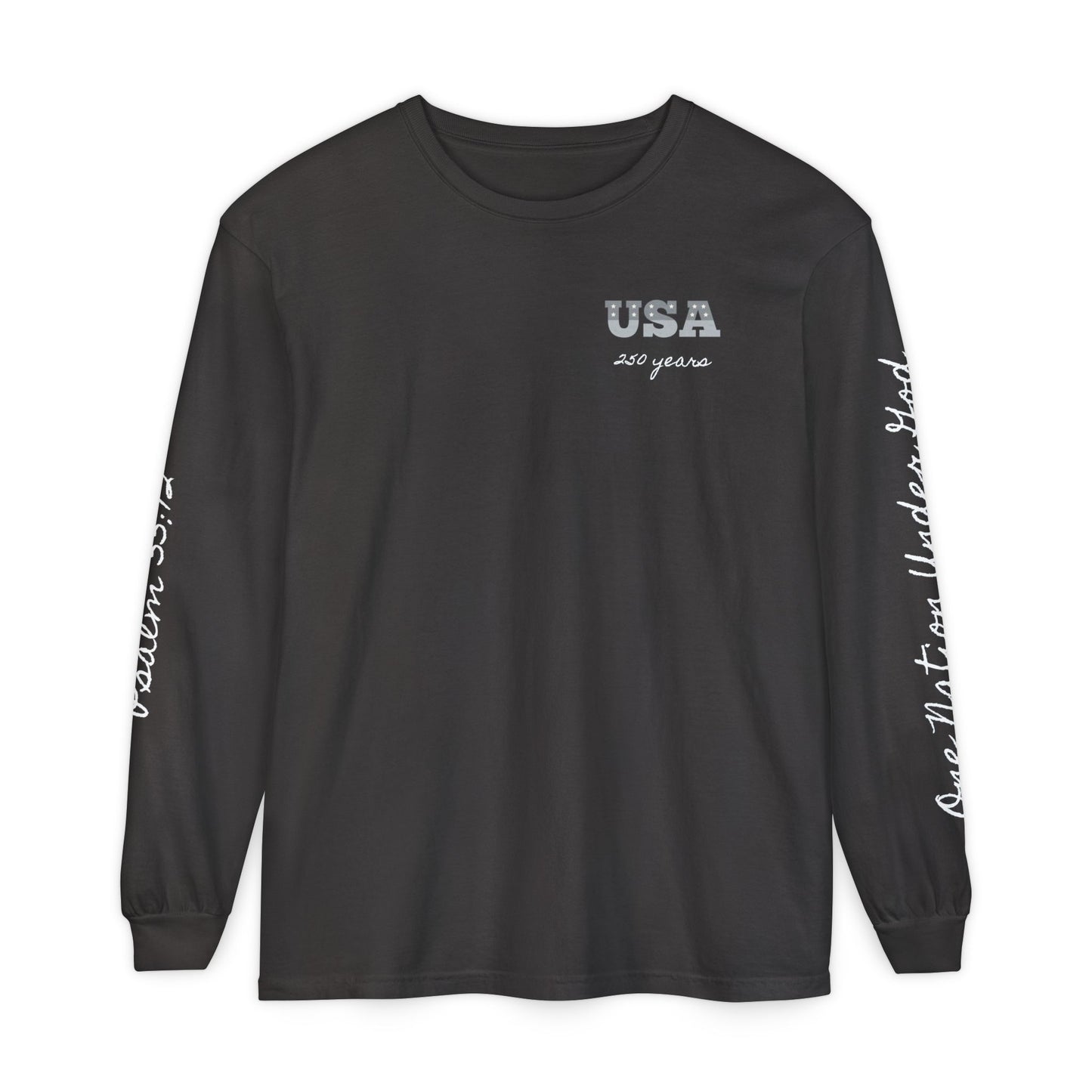 Christian Patriotic Long Sleeve Tee — "One Nation Under God" & Psalm 33:12 — USA 250 Anniversary