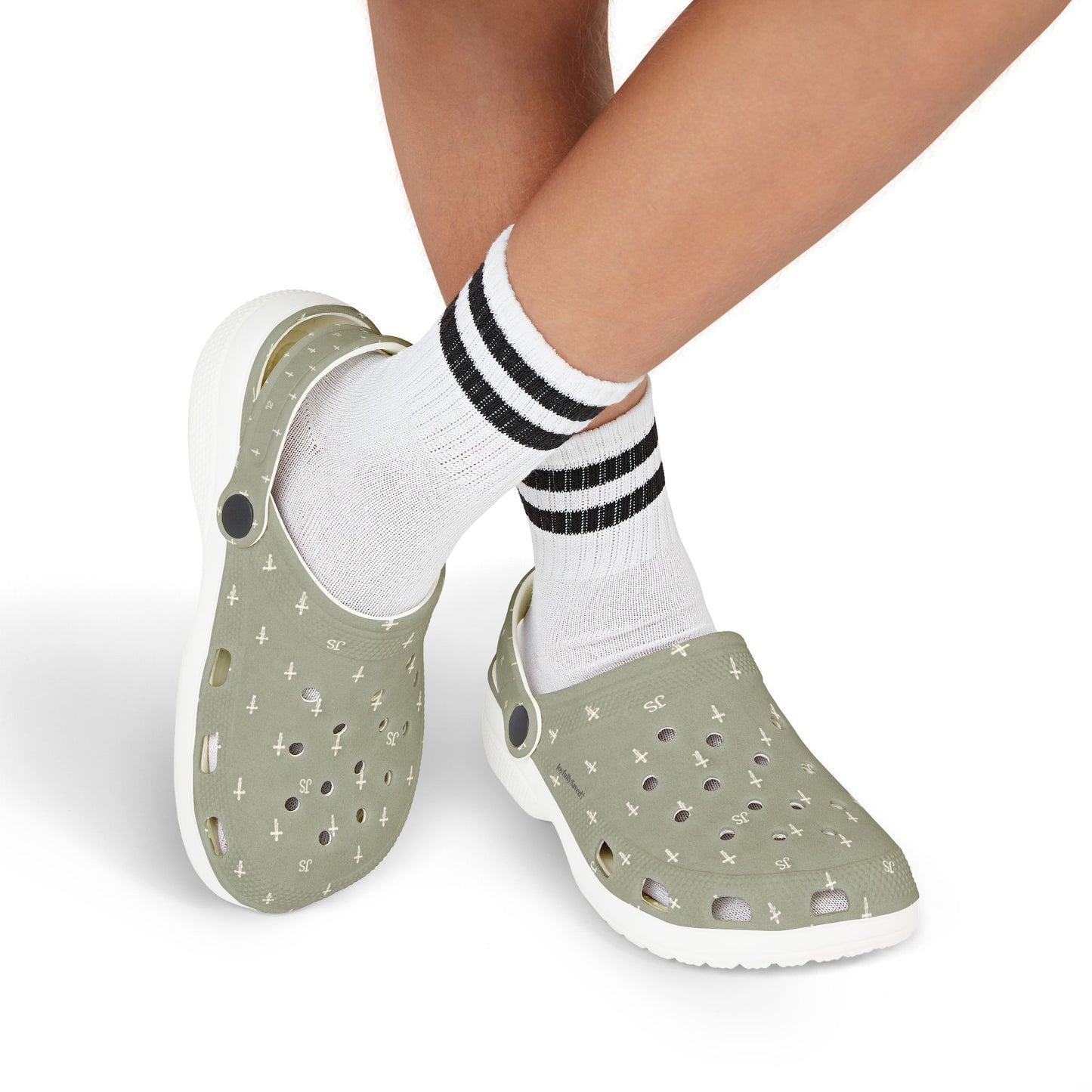 Kids EVA Foam Clogs  with Charms— Sage Cross Pattern Christian Slip-Ons