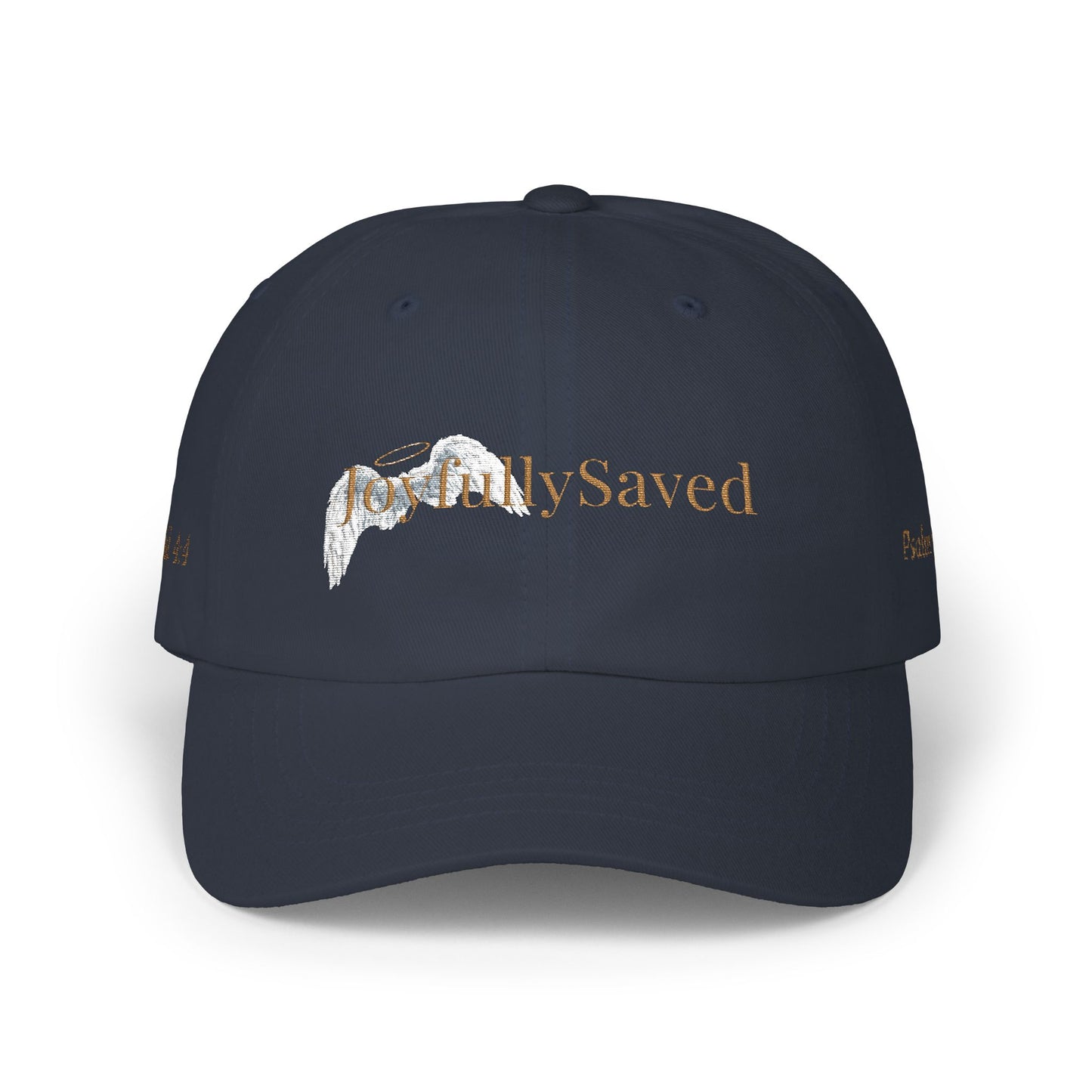 Joyfully Saved "dad" Cap, Logo with verses — Embroidered Hat, Gold text