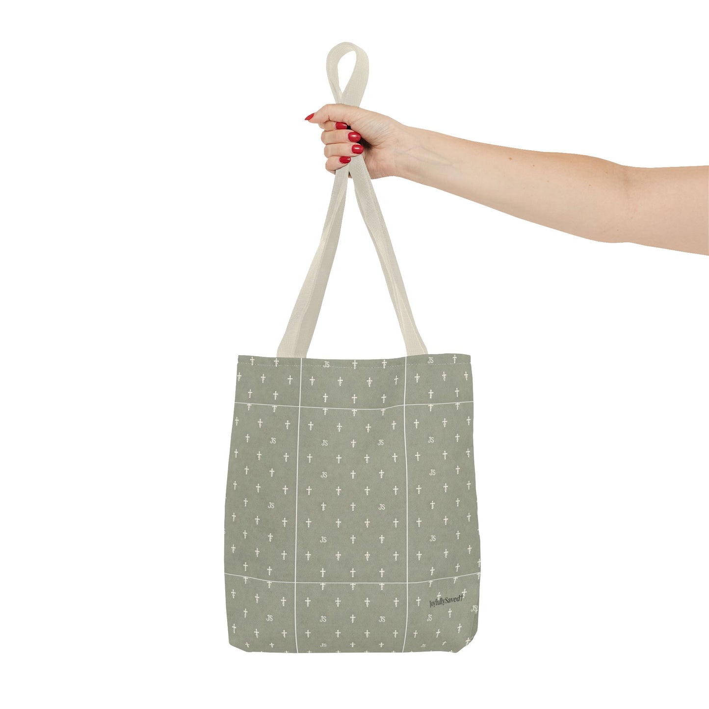 Cross Pattern Tote Bag — Sage Green AOP Canvas Tote, Christian