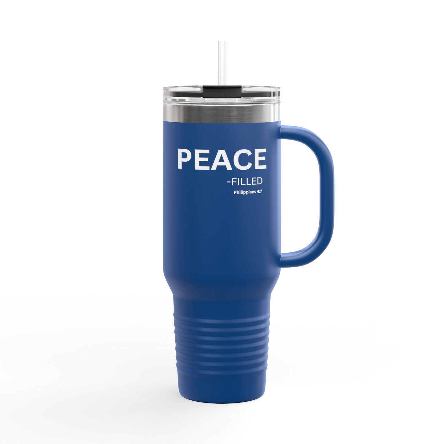 PEACE-filled Insulated 40oz Travel Mug, white text — Christian Faith Declaration - Philippians 4:7