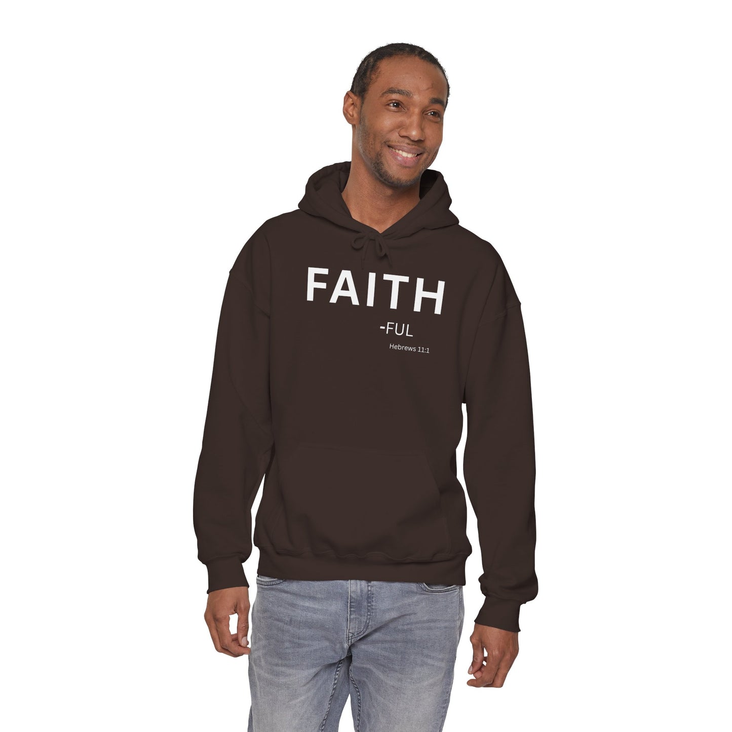 FAITH-ful Hoodie White Text — Minimal Christian Faith Pullover, Hebrews 11:1