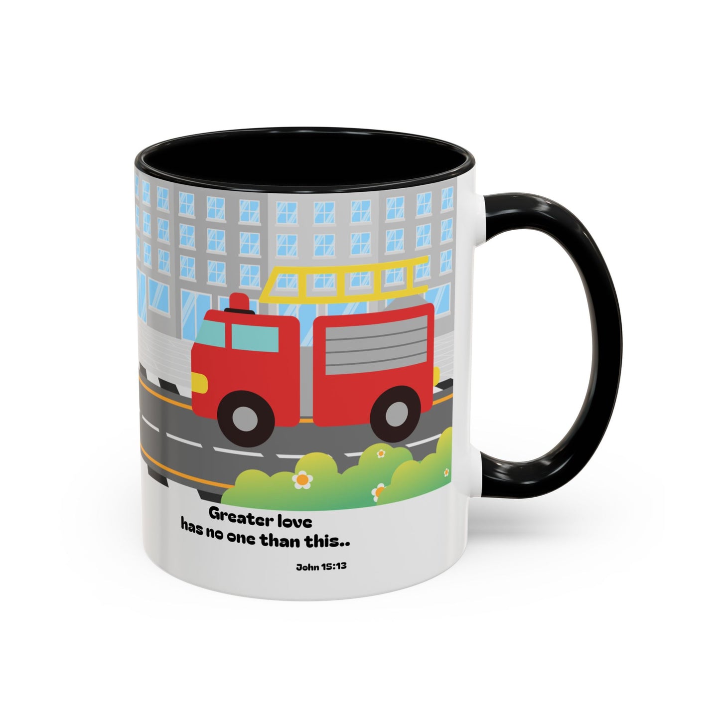 Fire Truck Coffee Mug — "Greater love has no one than this" Scripture Mug (11/15 oz)
