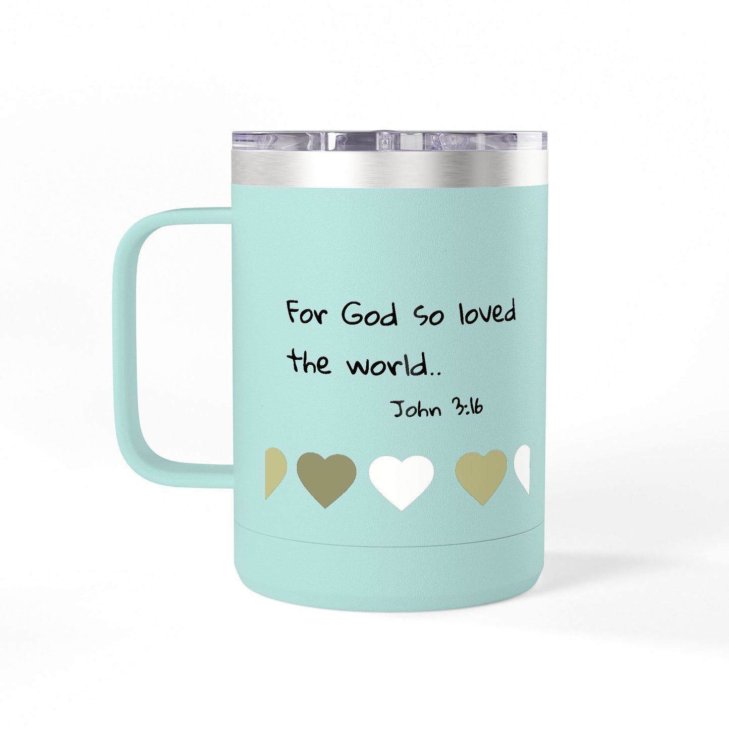 John 3:16 Heart Travel Mug — 15oz Christian Scripture Tumbler