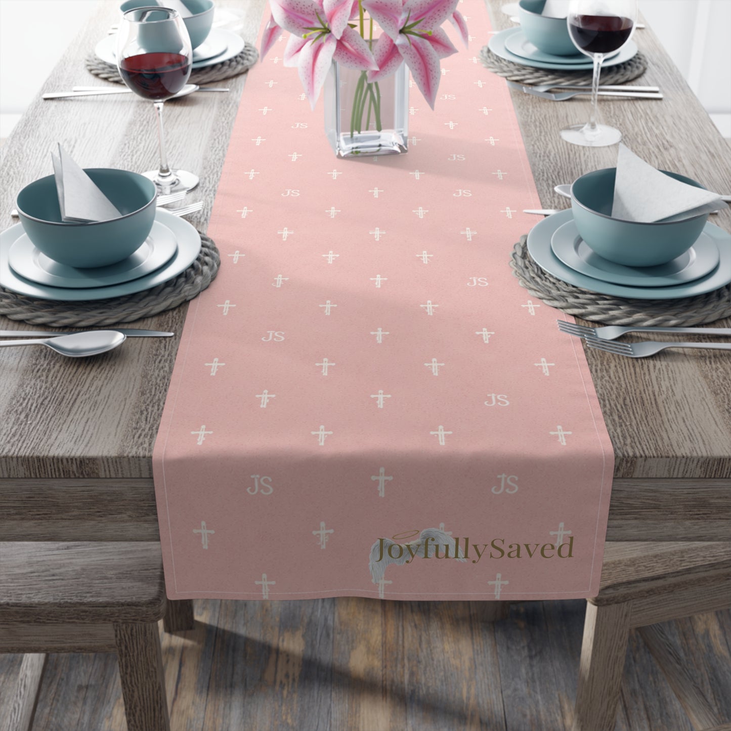 Signature Cross Table Runner, Pink — JoyfullySaved Faith-Inspired Cotton/Poly Decor