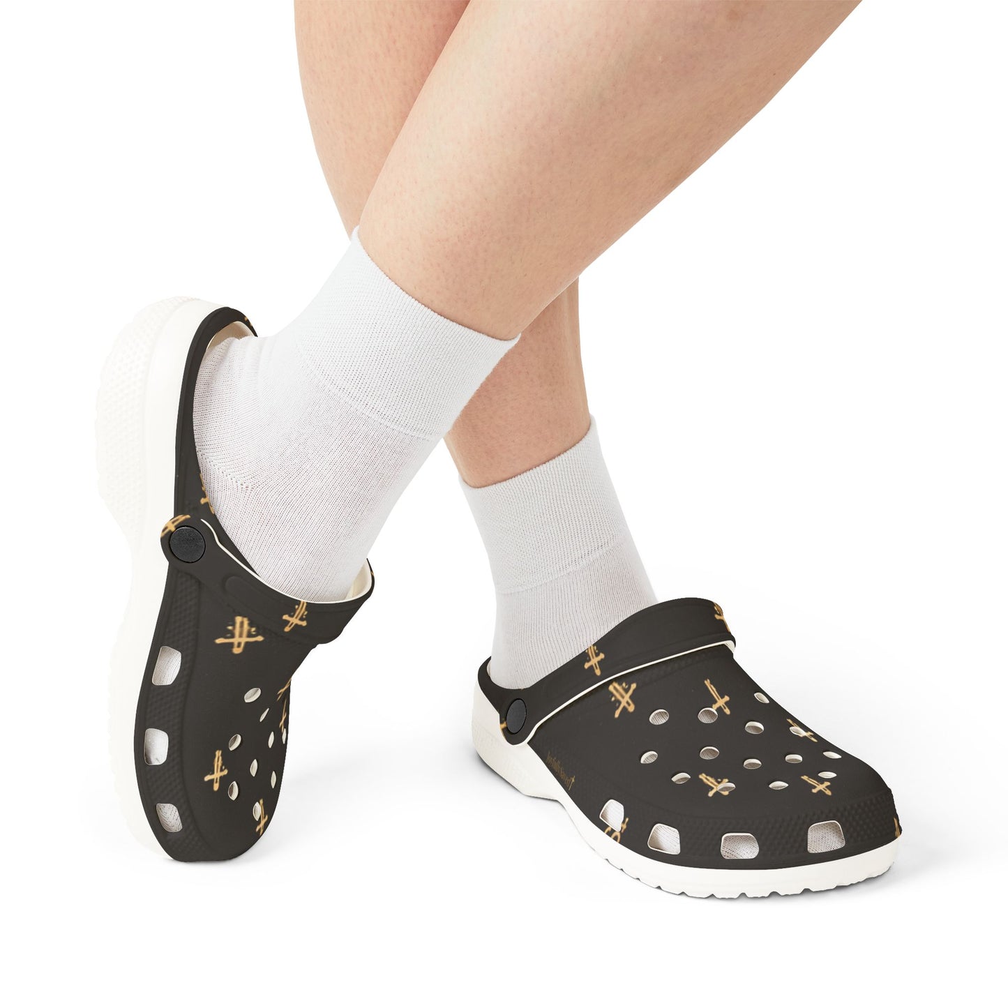 Adult EVA Foam Clogs with charms — Black Cross Pattern Christian Slip-Ons