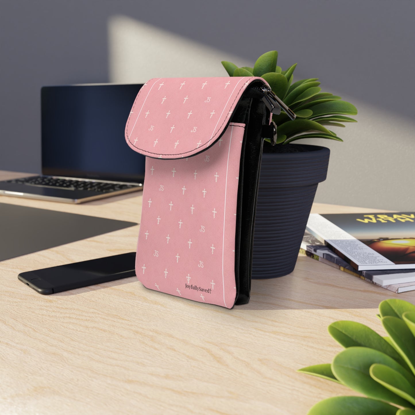 Pink Crossphone Small Cell Phone Wallet — Christian, Crossbody Phone Pouch with Card Slot