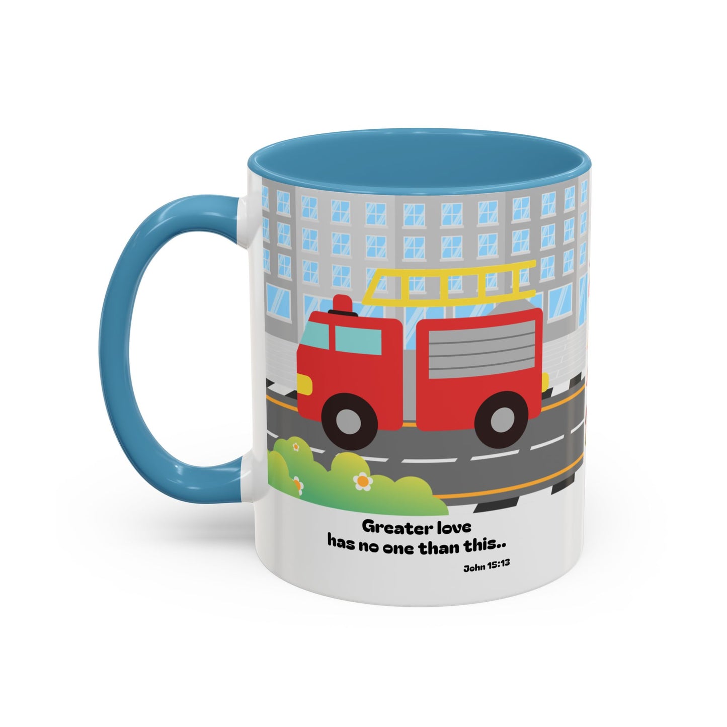Fire Truck Coffee Mug — "Greater love has no one than this" Scripture Mug (11/15 oz)