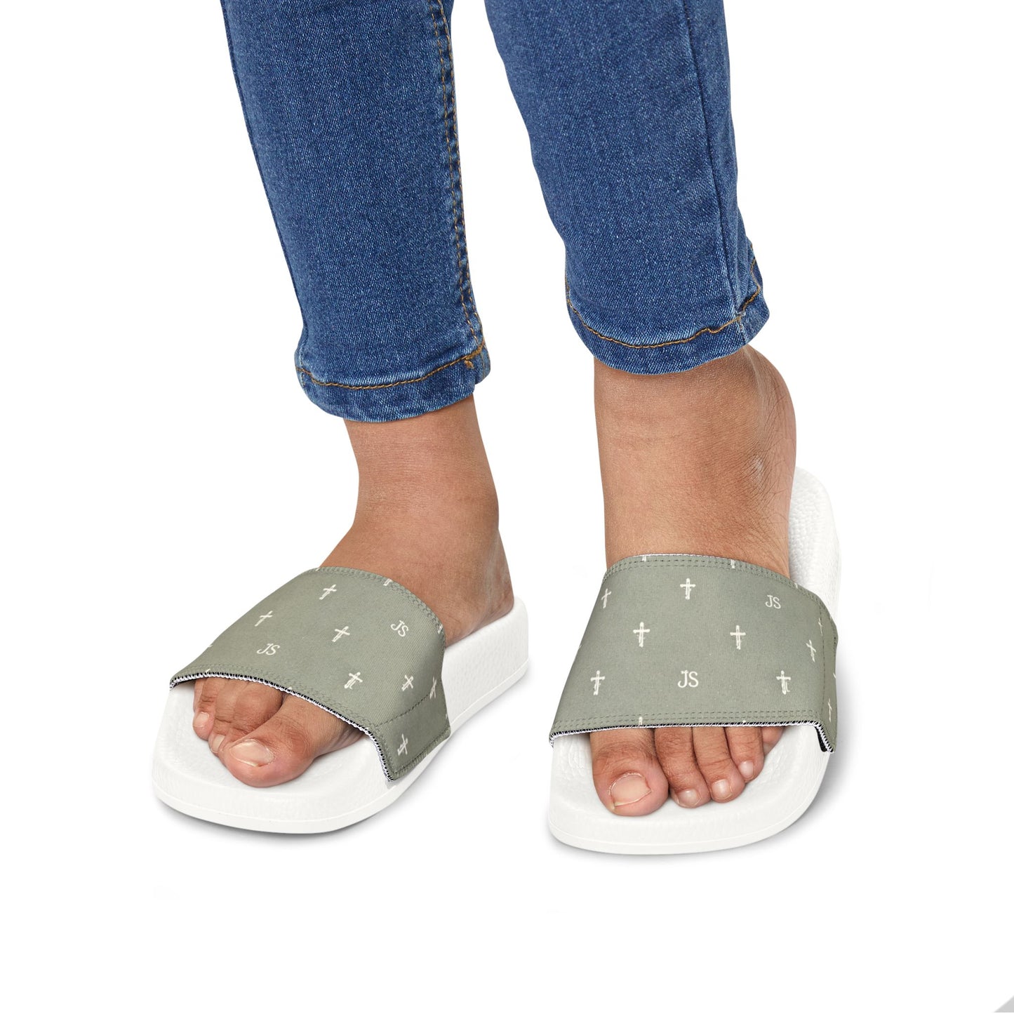 Christian Cross Slides — Youth Removable-Strap Sandals with Sage Cross Pattern