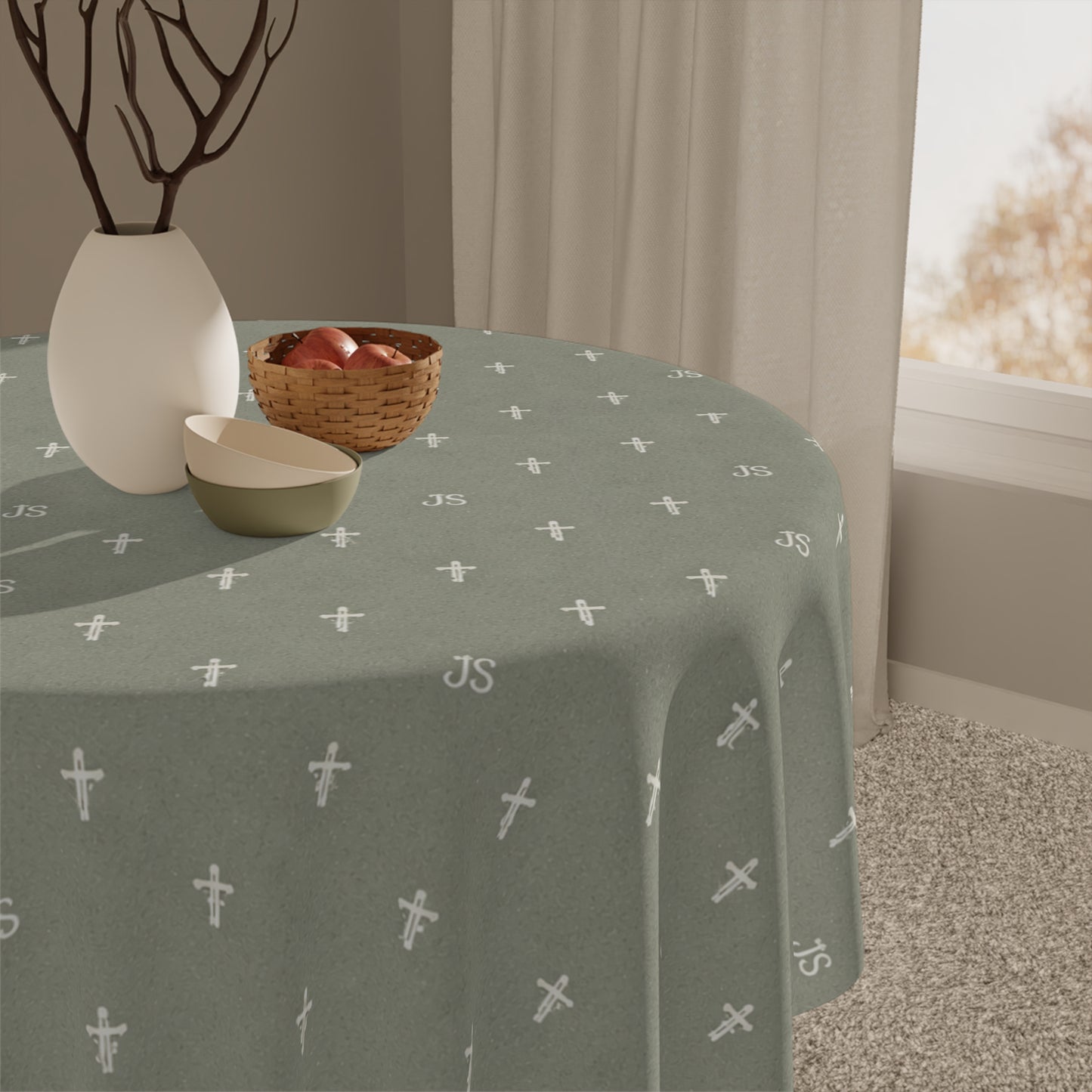 Sage Cross Pattern Tablecloth — Christian Design for Everyday & Holiday Dining