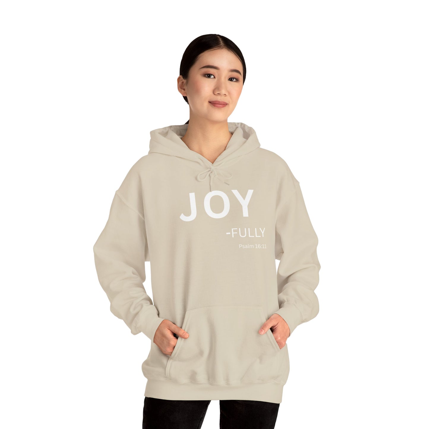 Joy-Fully Hoodie White Text — Minimal Christian Faith Pullover (Psalm 16:11)