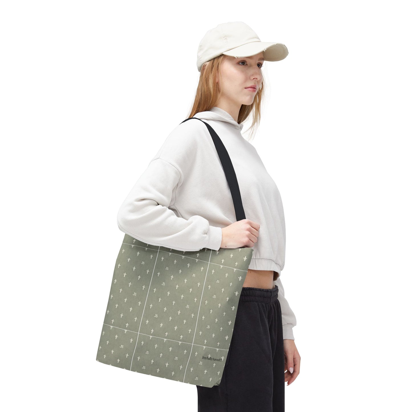 Cross Pattern Tote Bag — Sage Green AOP Canvas Tote, Christian