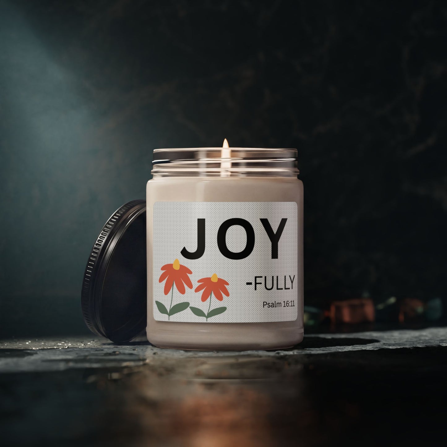 Joy-Fully Soy Candle — 9oz Scented Jar with Floral Design (Psalm 16:11)