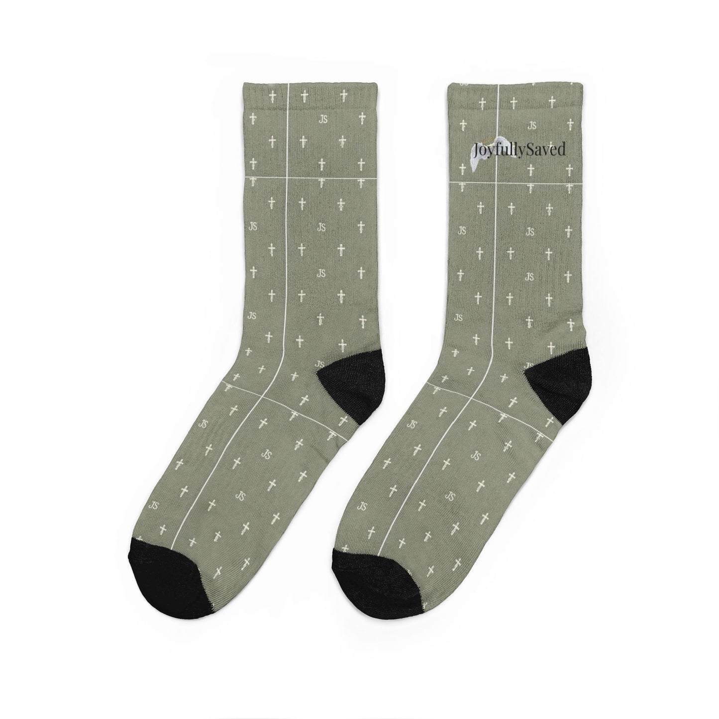 Sage 'Joyfully Saved' Cross Pattern Crew Socks — Christian Faith Novelty Socks