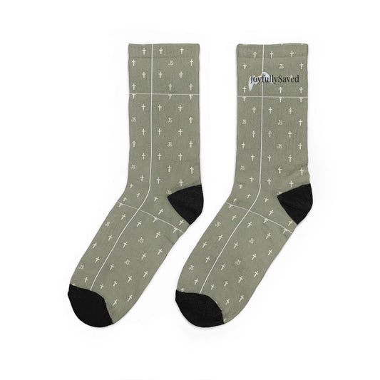 Sage 'Joyfully Saved' Cross Pattern Crew Socks — Christian Faith Novelty Socks