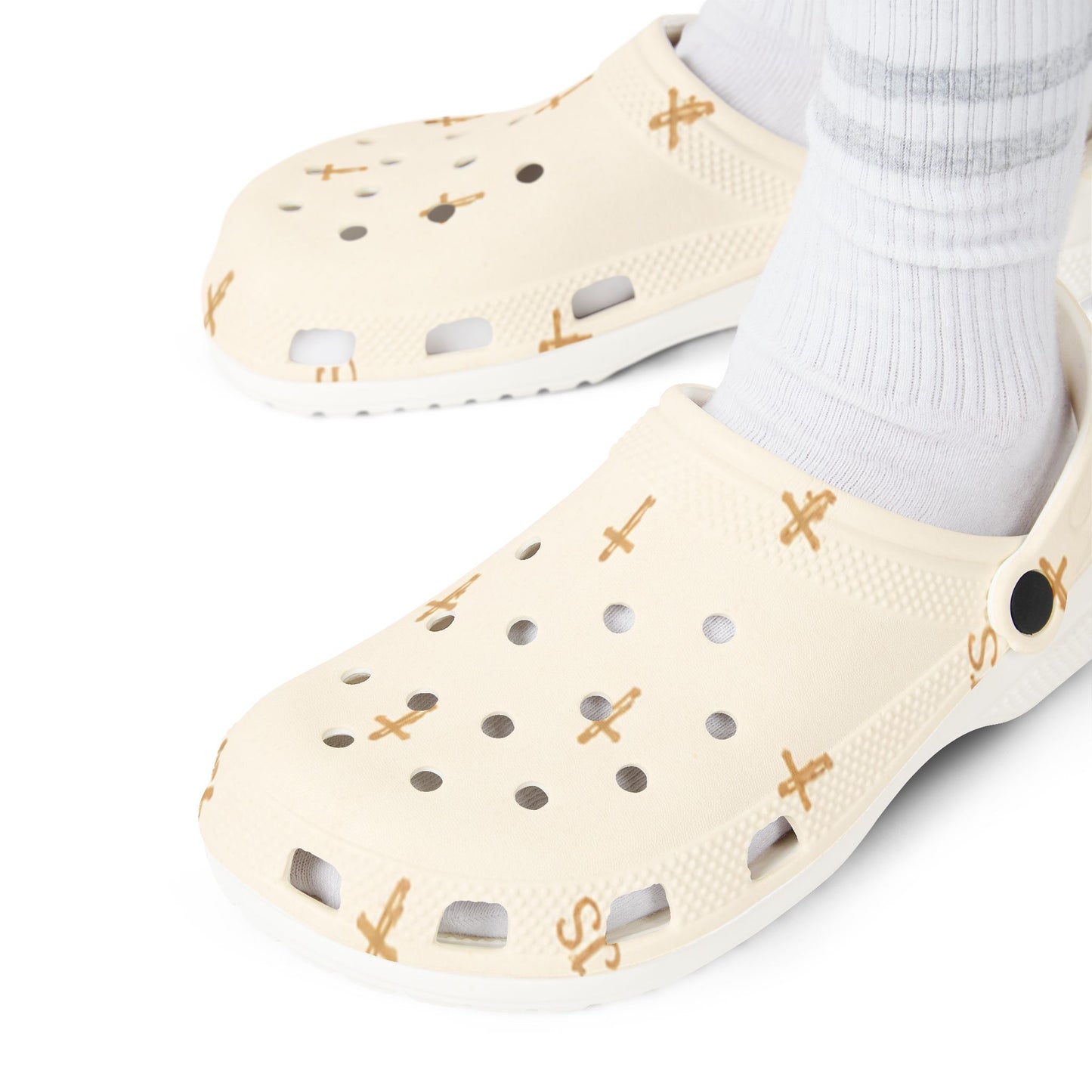 Adult EVA Foam Clogs with charms — Cream Cross Pattern Christian Slip-Ons