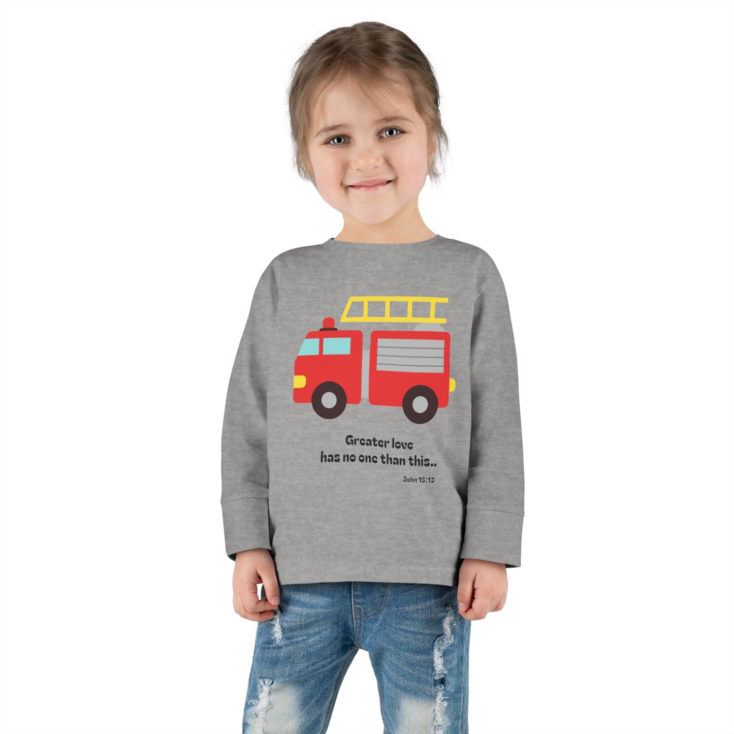 Christian Toddler Long Sleeve Tee — Fire Truck Kids Shirt (John 15:13)