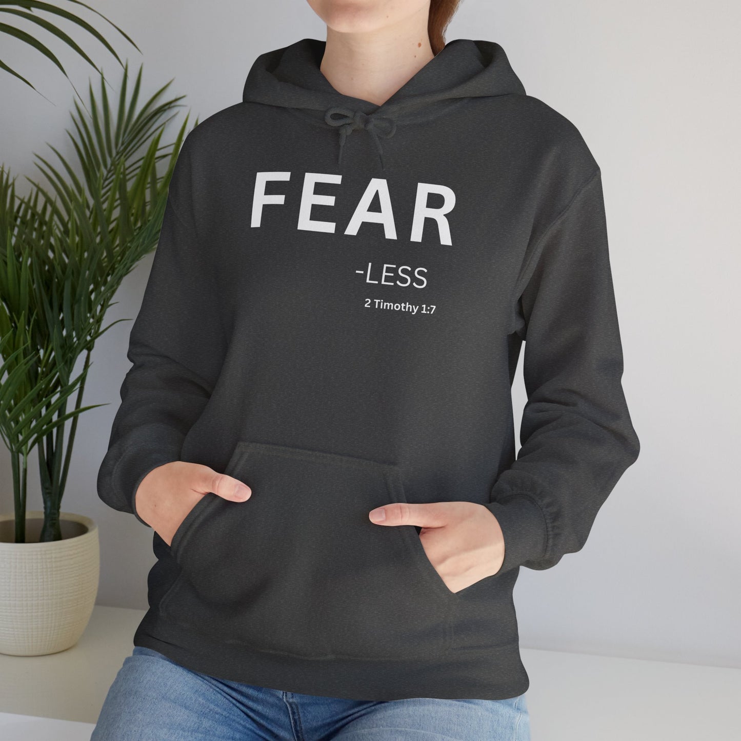 FEAR-less Hoodie White Text — Minimal Christian Faith Pullover, 2 Timothy 1:7