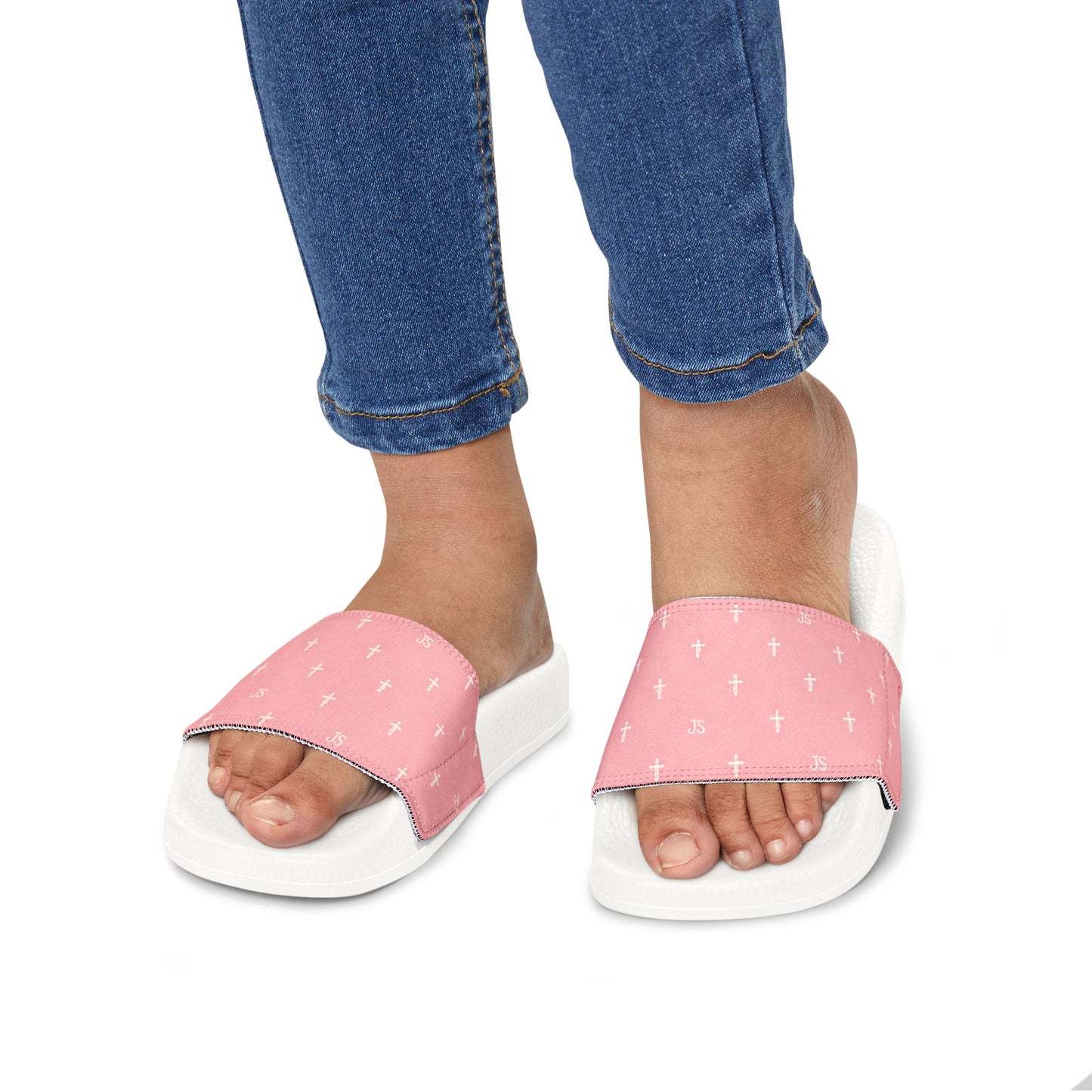 Christian Cross Slides — Youth Removable-Strap Sandals with Pink Cross Pattern