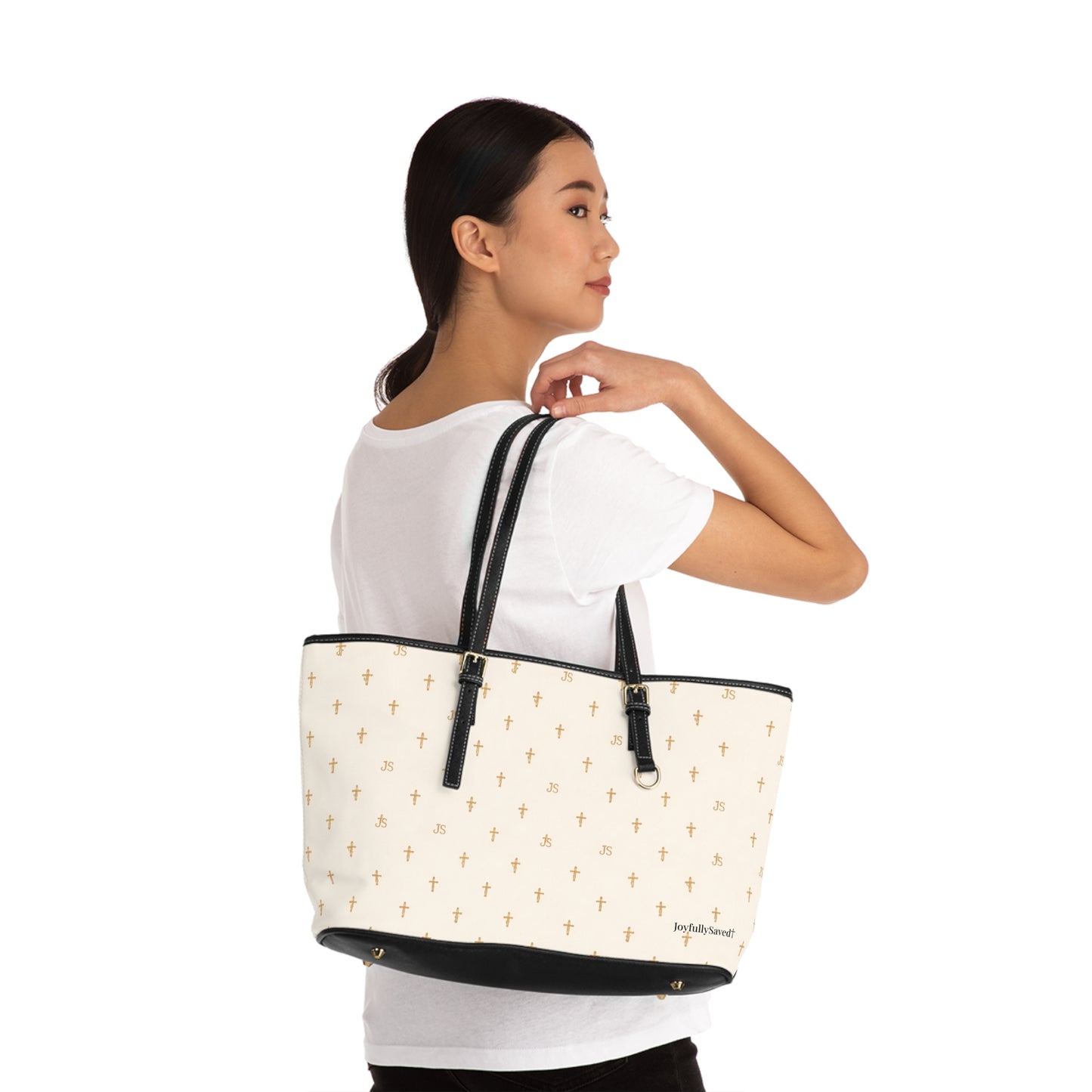 Signature Cross PU Leather Shoulder Bag — Christian, Cream Cross Pattern
