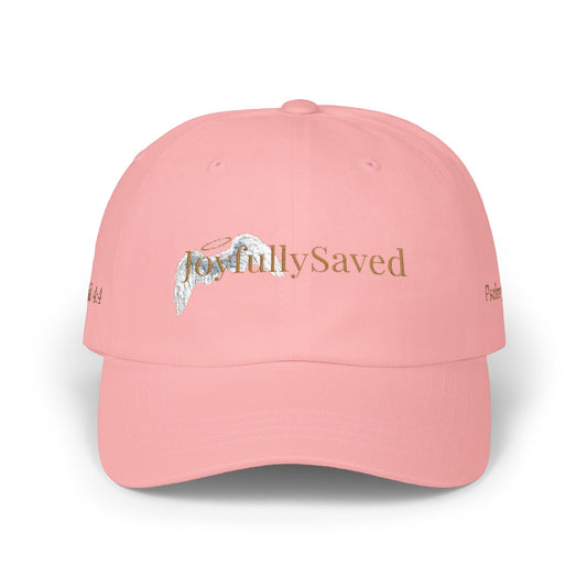 Joyfully Saved "dad" Cap, Logo with verses — Embroidered Hat, Gold text