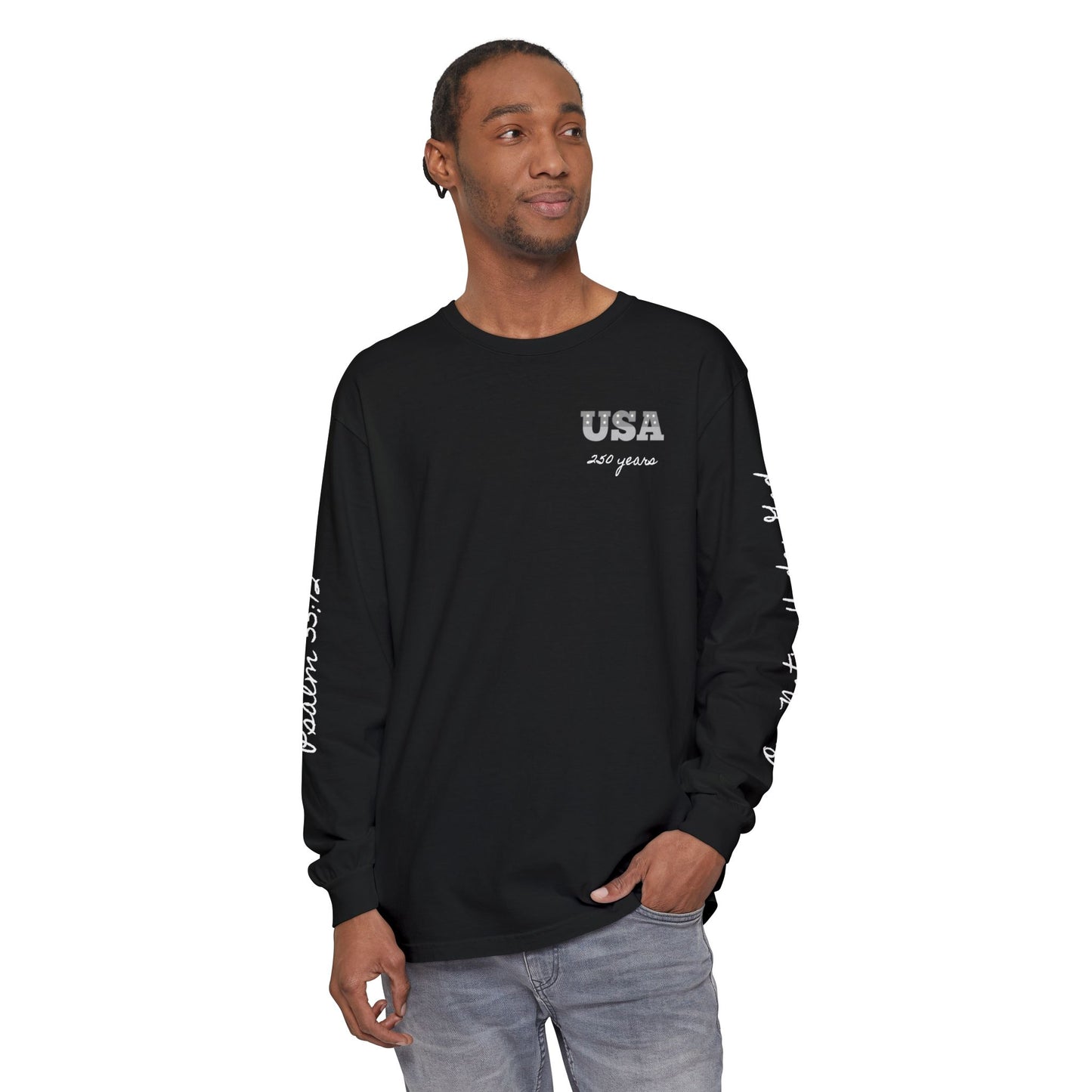 Christian Patriotic Long Sleeve Tee — "One Nation Under God" & Psalm 33:12 — USA 250 Anniversary