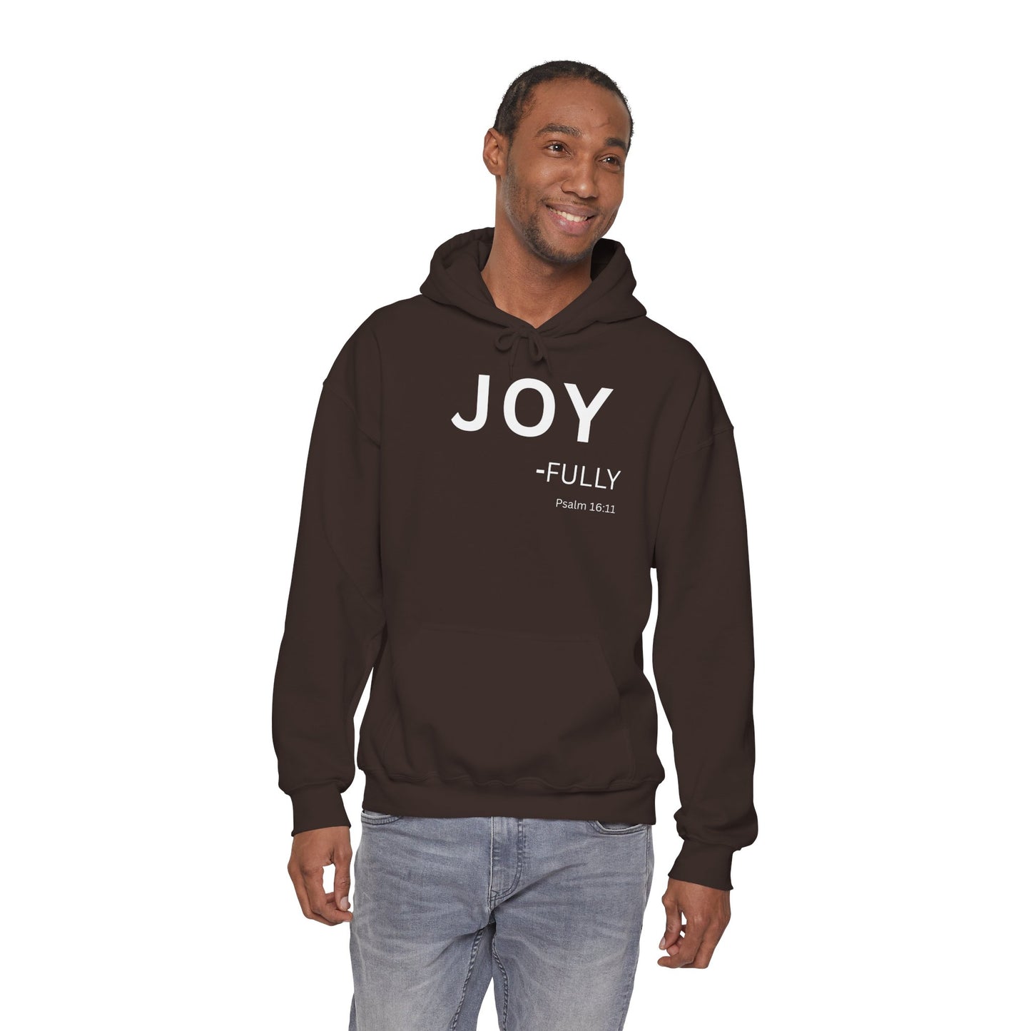 Joy-Fully Hoodie White Text — Minimal Christian Faith Pullover (Psalm 16:11)