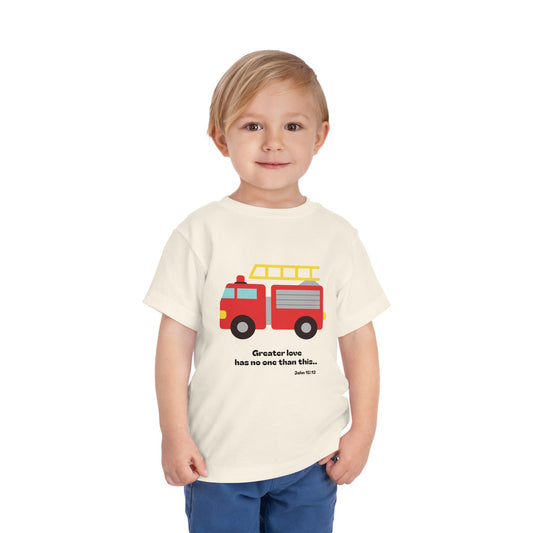 Christian Toddler Tee — Fire Truck Graphic (John 15:13)
