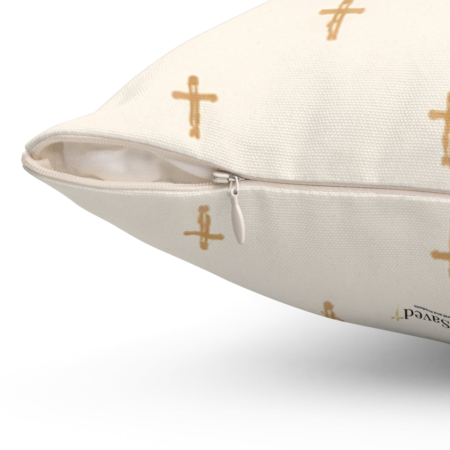 Joyfully Saved (JS) Gold Cross Decorative Pillow — Cream Signature Cross Throw Pillow