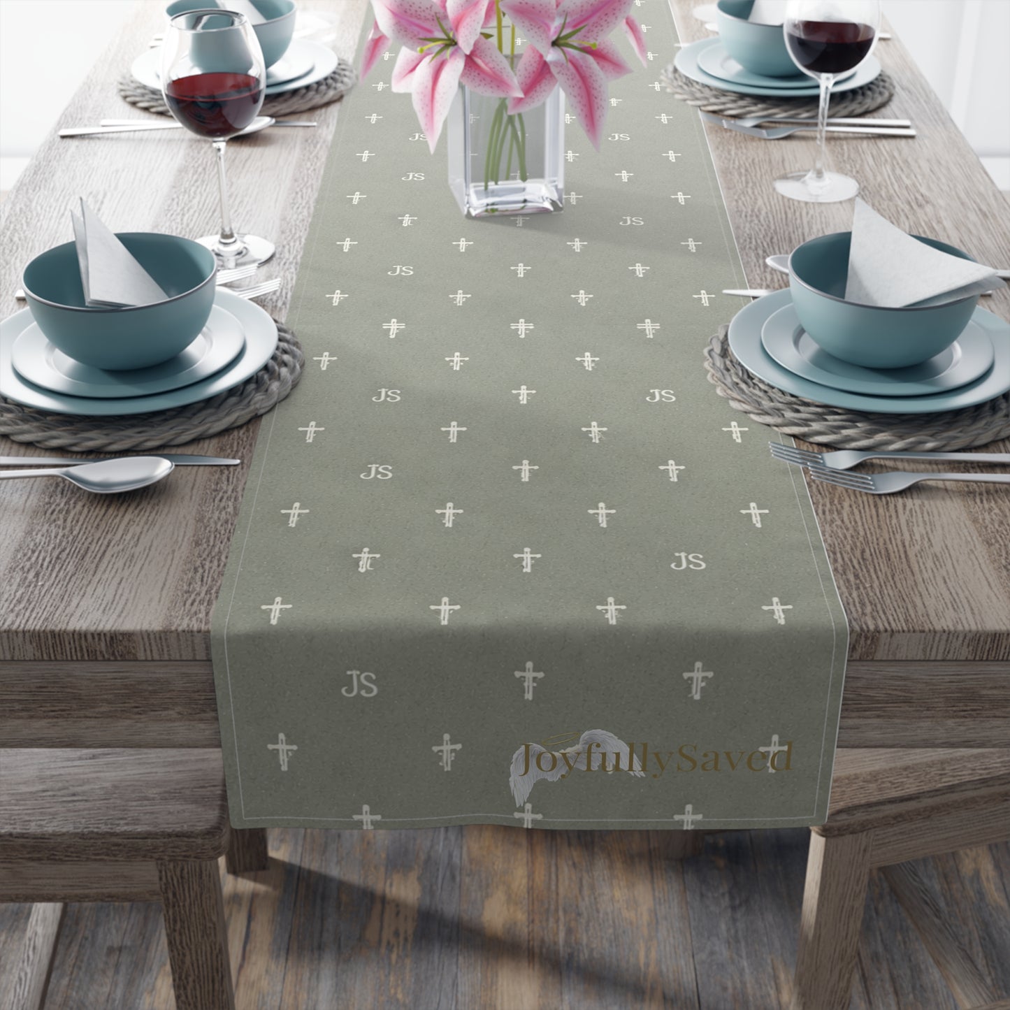Signature Cross Table Runner, Sage — JoyfullySaved Faith-Inspired Cotton/Poly Decor
