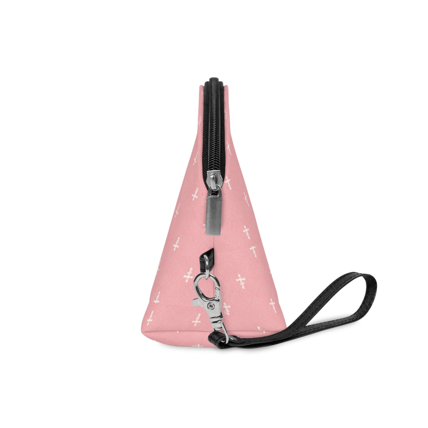 Gold Cross Pattern Makeup Bag — "Joyfully Saved" Pink Cosmetic Pouch -black logo