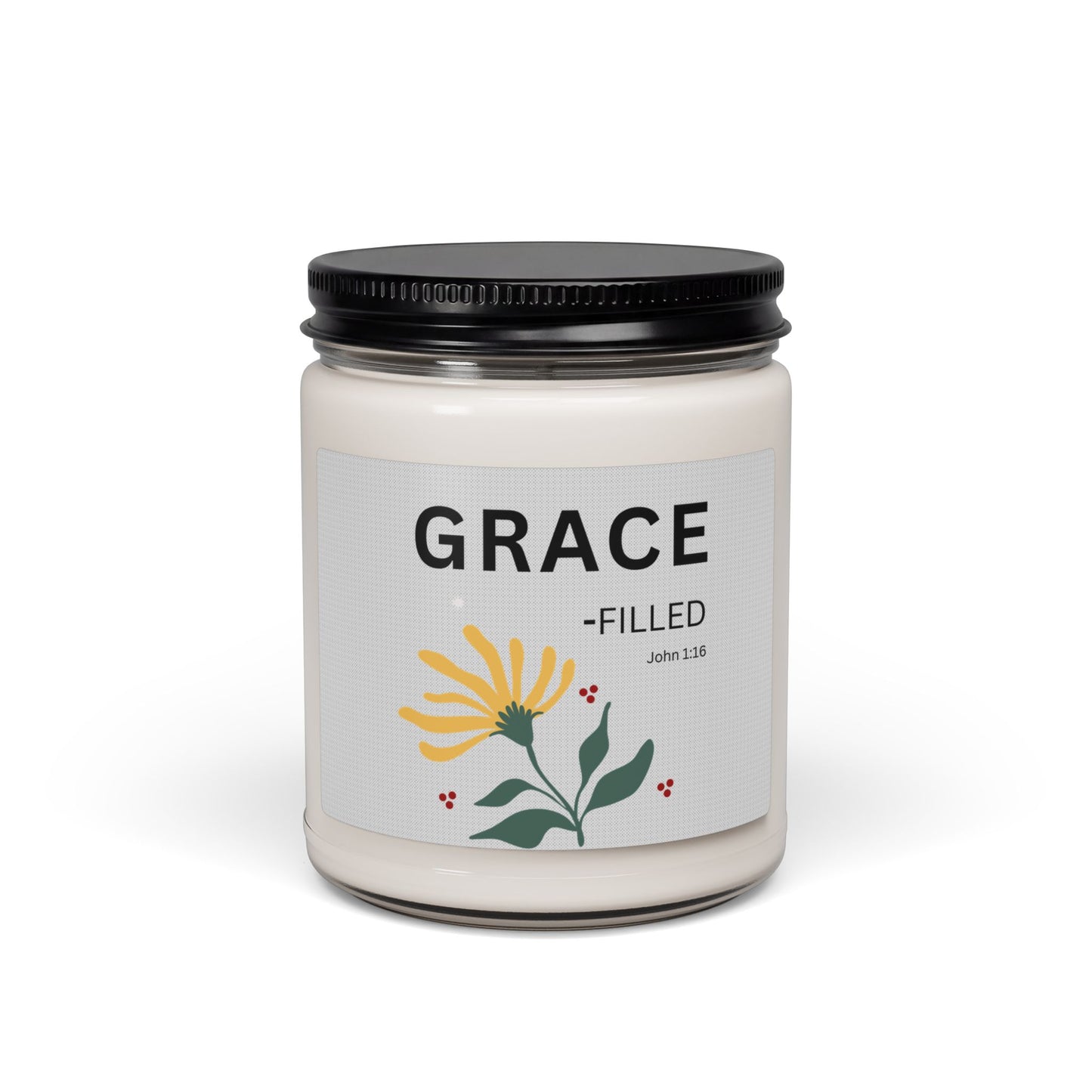 Grace-filled Soy Candle — 9oz Scented Jar with Floral Design (John 1:16)
