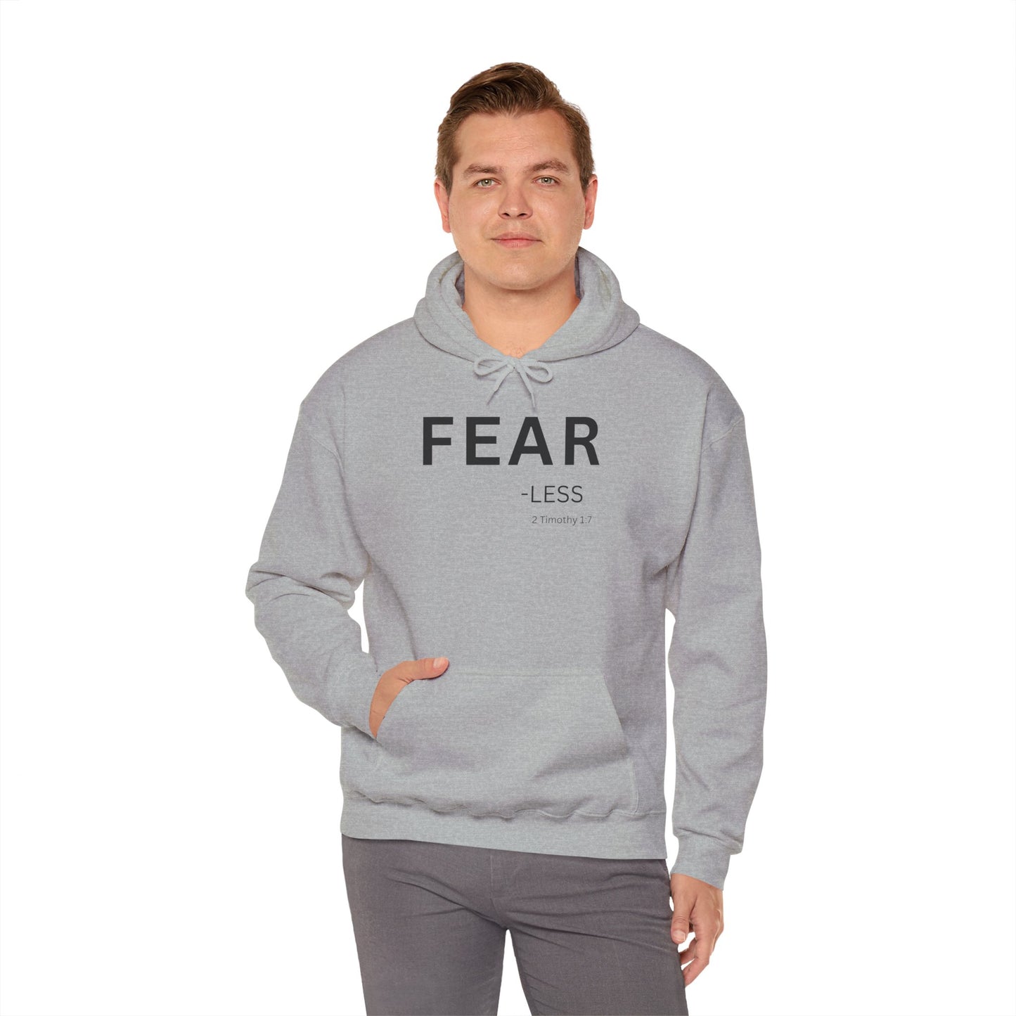 FEAR-less Hoodie Black Text — Minimal Christian Faith Pullover, 2 Timothy 1:7