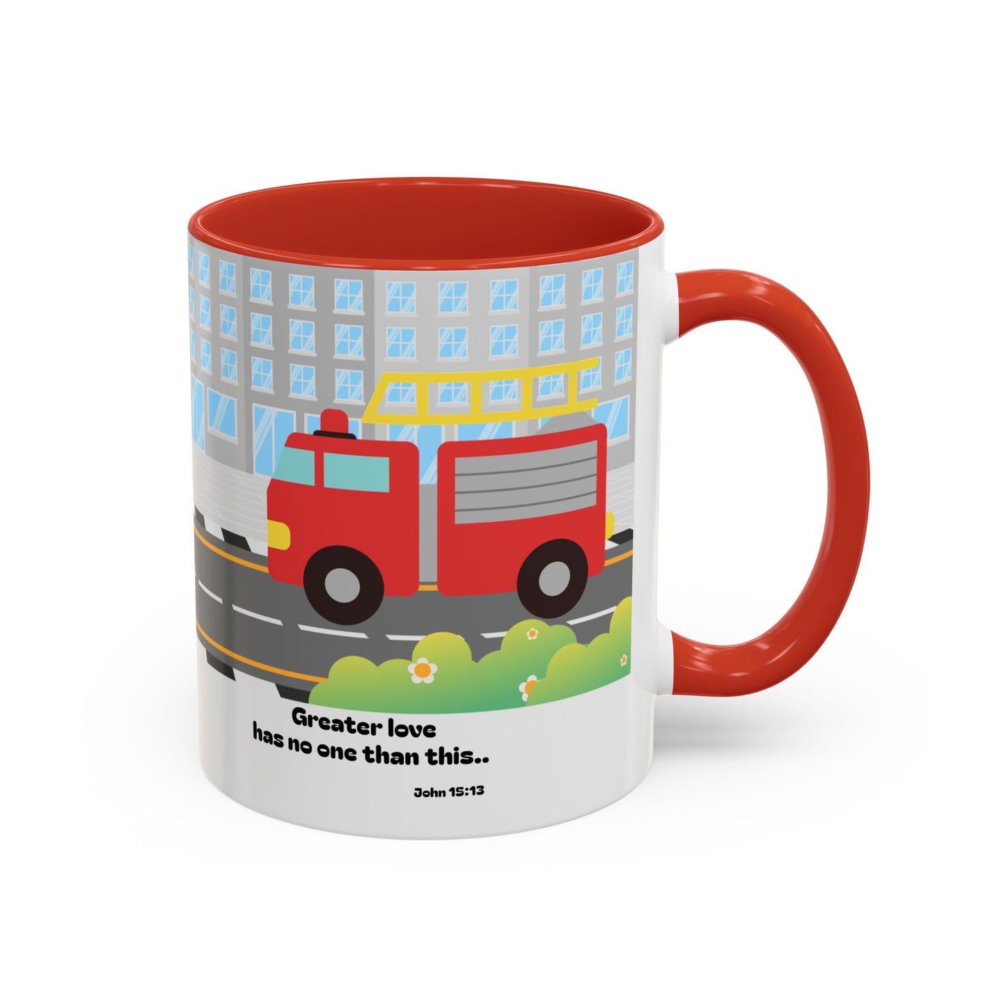 Fire Truck Coffee Mug — "Greater love has no one than this" Scripture Mug (11/15 oz)