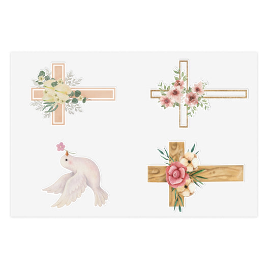 Christian Cross & Dove Floral Sticker Sheet — 4 Religious Faith Stickers