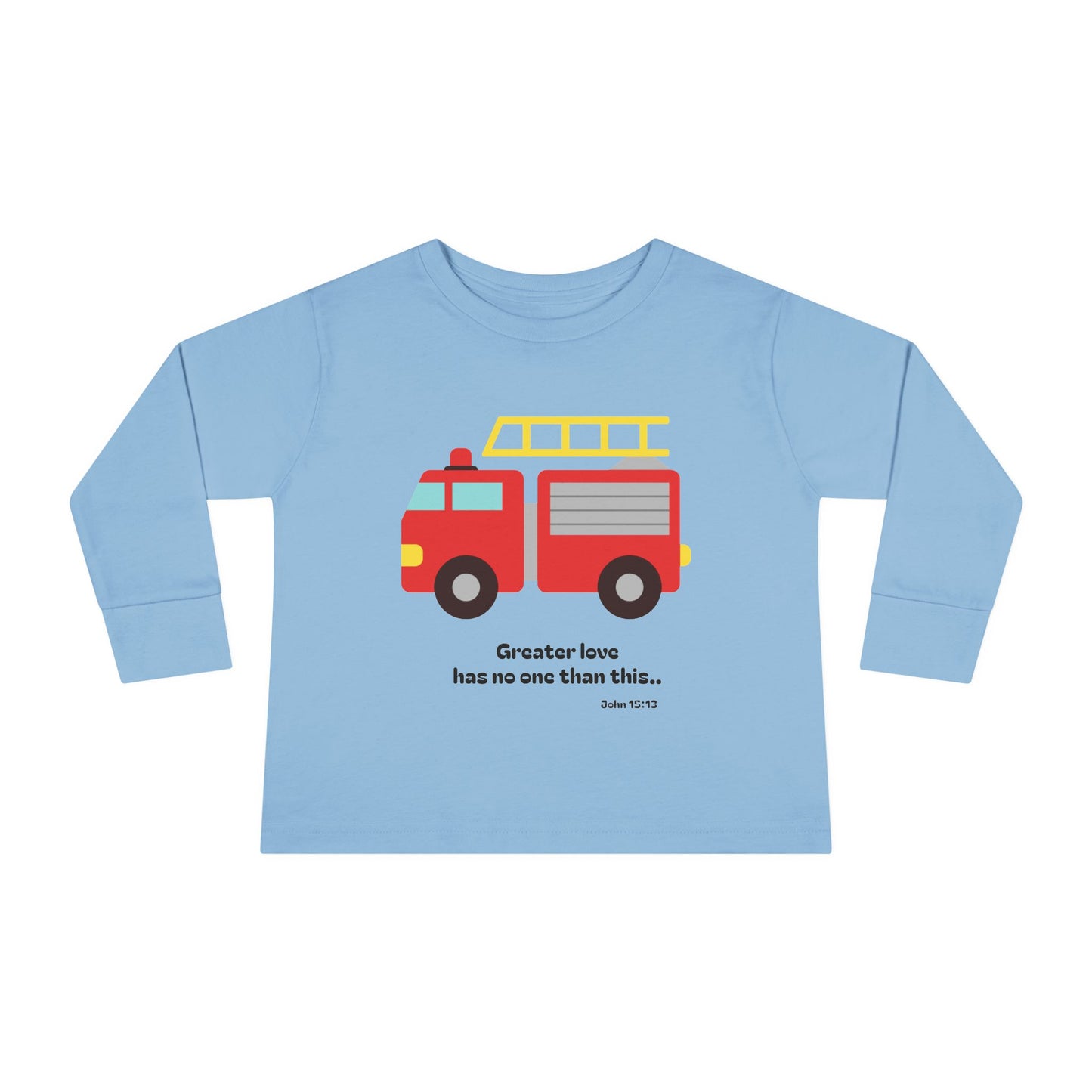 Christian Toddler Long Sleeve Tee — Fire Truck Kids Shirt (John 15:13)